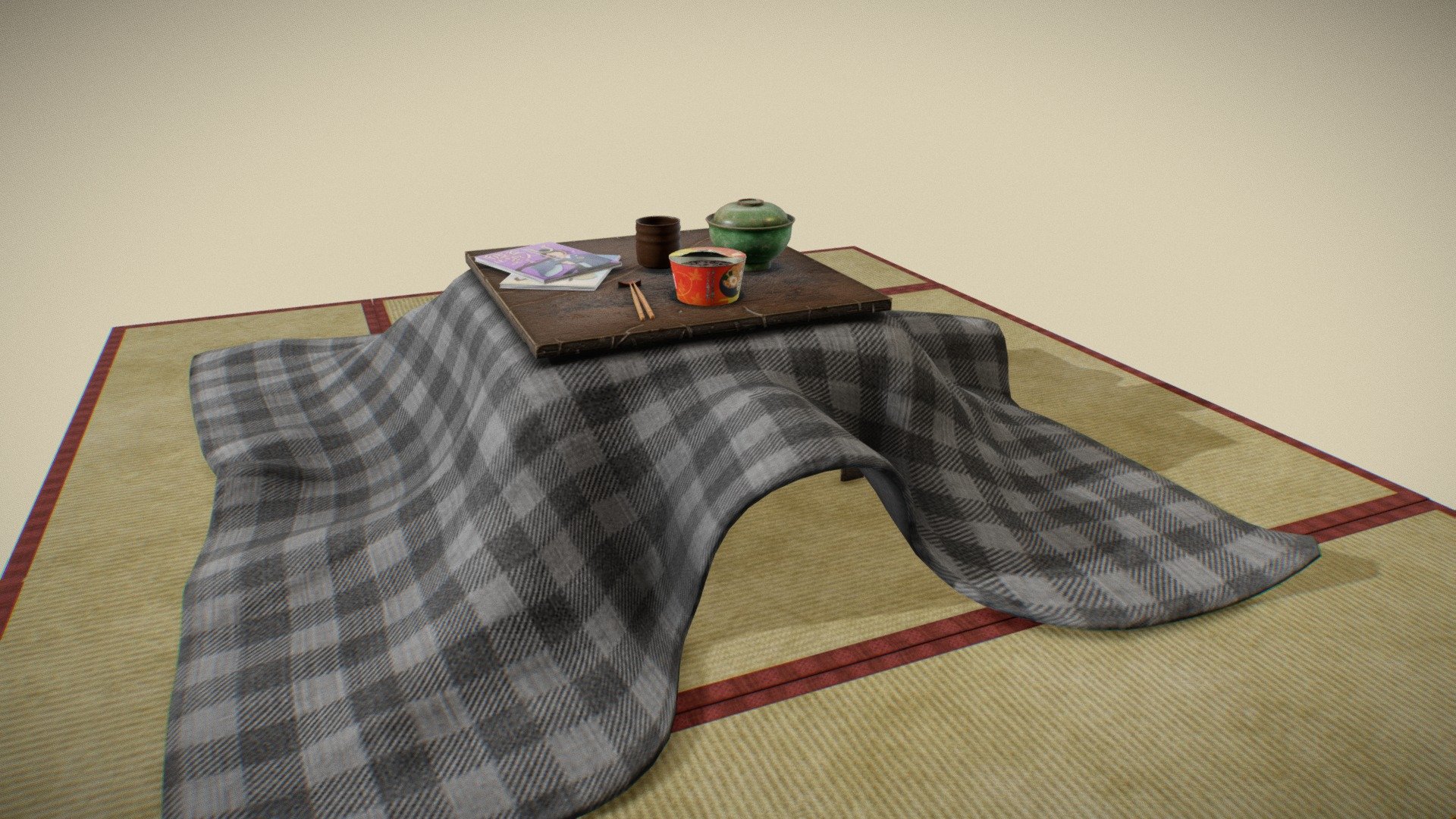 It's a part pf my little scene in japanese style, i just want to share my results with you. For this scene i create:
1. Kotatsu - table
2. Fast-cooked noodle with my design
3. Manga
4. Hashi
5. Clay cup
6. Shiruwan - plate for soup
7. Tatami - floor
Please subscribe if you like my works - Japanese table kotatsu - 3D model by nicolas_solo 3d model