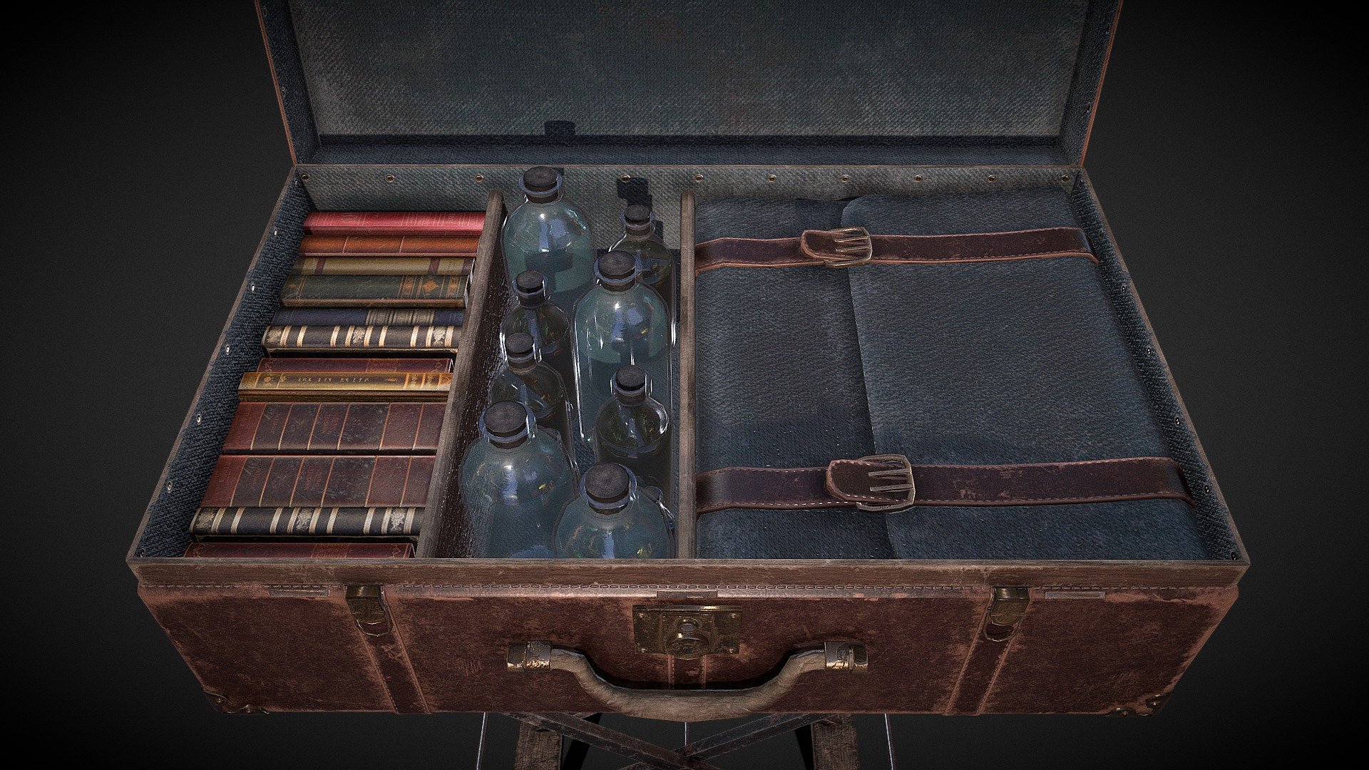 Old pitchman suitcase. Ready for animation.

Stand, books and bottles has very lazy uv and texturing, so sorry about that) A books covers made with Stable Diffusion.

Tris: 

Suitcase: 4015

Stand: 432

Book: 50

Bottle: 610

Textures:

Suitcase [4096x4096]

Stand [2048x2048]

Books [2048x2048]

Bottles [2048x2048]

Soft: 3DsMax, Corona Renderer, Substance Painter, Photoshop, Marmoset Toolbag, Stable Diffusion

Subscribe, It's very important for me:

Instagram

Artstation

Sketchfab

LinkedIn

 - Old pitchman suitcase - Download Free 3D model by sergeilihandristov 3d model