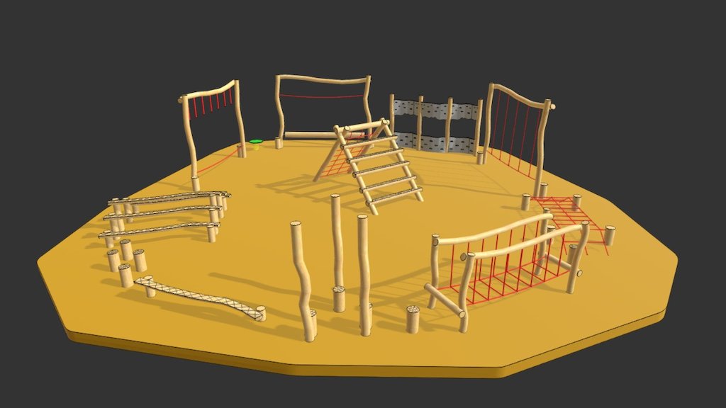 Adventure trail playground featuring many different challenges and activities, such as a climbing wall, stepper logs and rope bridges - adventure trail - 3D model by PlaysafePlaygrounds 3d model