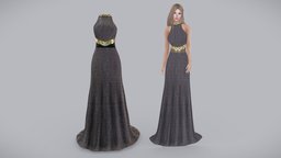 Floor Length Luxury Evening Dress train, luxury, fashion, girls, floor, clothes, out, with, night, dress, gray, gown, beautiful, womens, decorated, wear, plates, evening, length, pbr, low, poly, female, black, gold, sleevless, eleagant