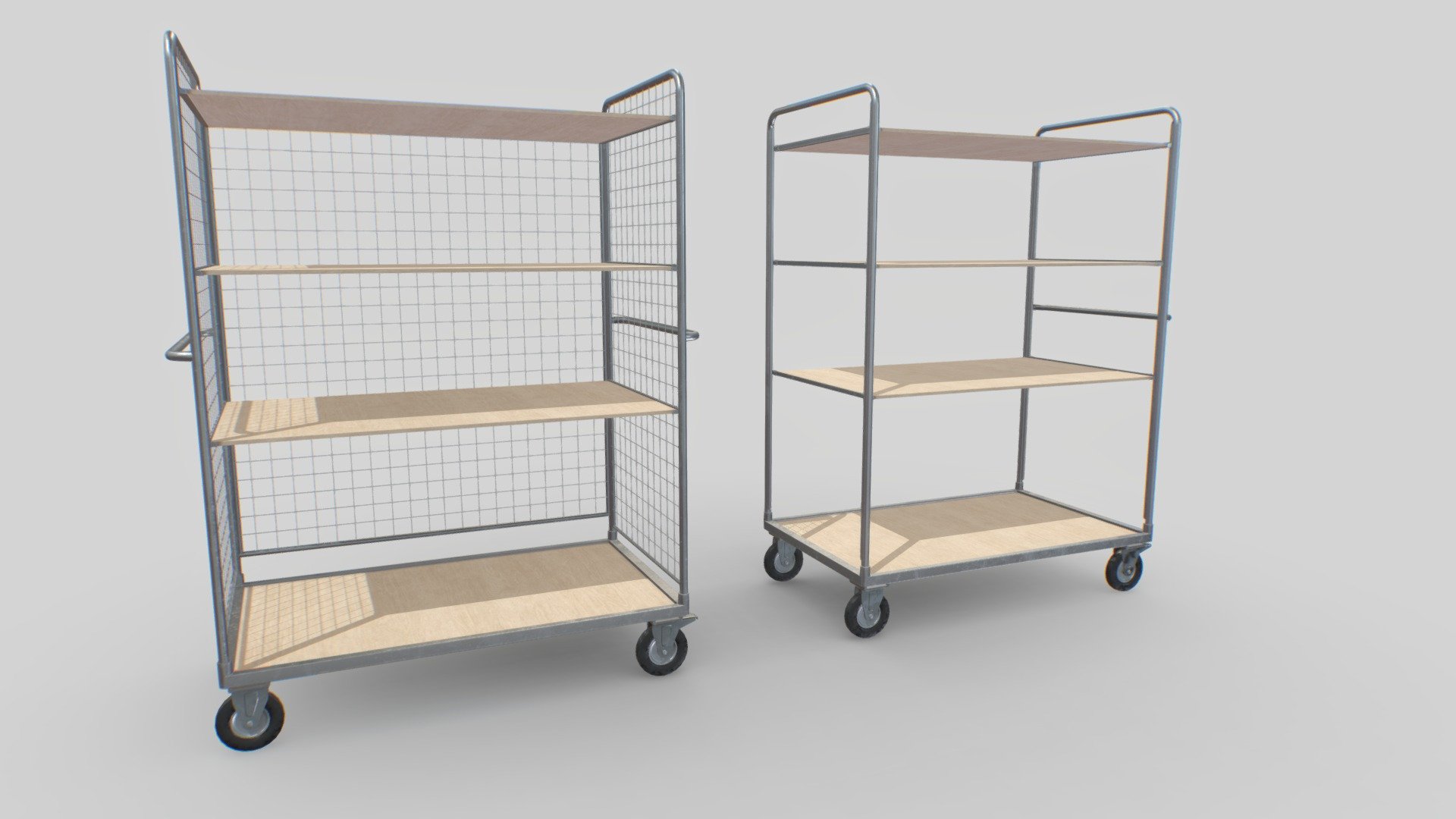 Industrial trolleys based in real ones. Wheels come as separate parts in case they need to be animated.

Comes with 1 set of PBR 4096p textures including Albedo, Normal, Roughness, Metalness and AO.

Suitable for factories, hangars, warehouses, construction sites, trucks, etc..

Realistic scale. Trolley1 8000 verts and 15000 tris. trolley2 7000 and 14000 tris.

3 LODS levels included

LOD0 8000 verts

LOD1 6000 verts

LOD2 3000 verts

LOD3 1000 verts - Warehouse Trolley pack 2 - Buy Royalty Free 3D model by 32cm 3d model