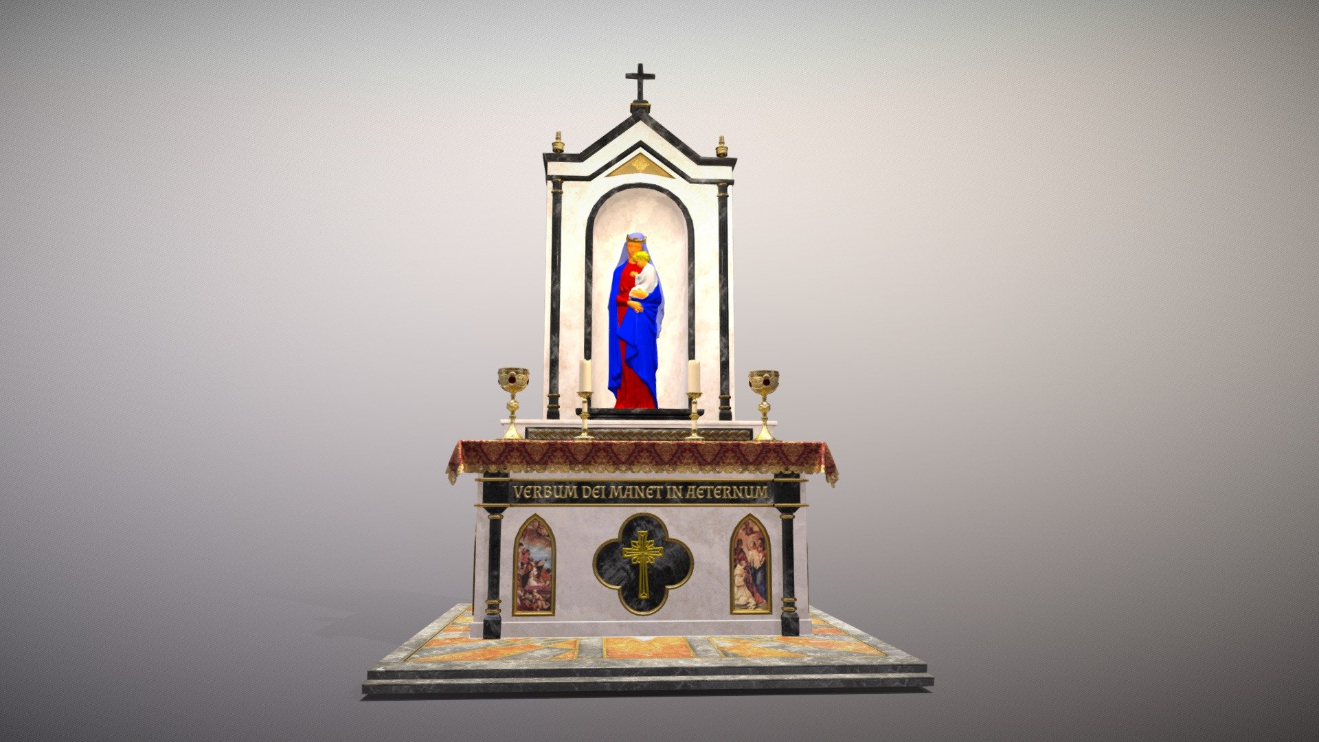Altar with a wooden statue of the Madonna and Child with decorative paintings. The scene includes a gold decorative candlestick and a goblet with a large ruby. The altar itself is covered with an embroidered tablecloth with a Victorian pattern decorated with lace on the sides. On the front of the altar you will find the golden text &ldquo;VERBUM DEI MANER IN AETERNUM