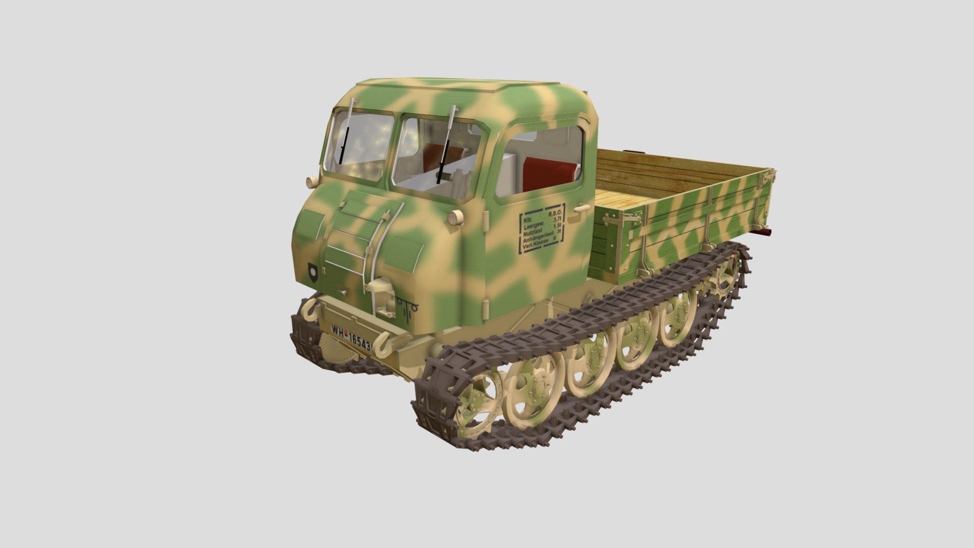 Raupenschlepper Ost (German: “Caterpillar Tractor East”, more commonly abbreviated to RSO) was a fully tracked, lightweight vehicle used by the Wehrmacht in World War II.

二戰德國東線全地形載重牽引車，製作R.S.O.載重車的系列作之一。 - Steyr RSO/01 - 3D model by Basic Hsu (@Hsu.Pei.Ge) 3d model