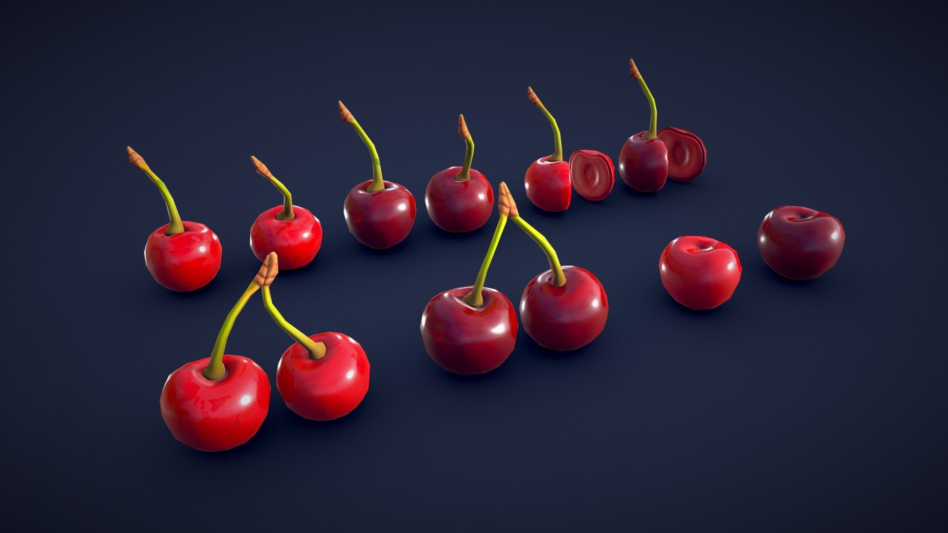 This asset pack contains 12 different cherry meshes. Whether you need some fresh ingredients for a cooking game or some colorful props for a supermarket scene, this 3D stylized cherry asset pack has you covered! 🍒

Model information:




Optimized low-poly assets for real-time usage.

Optimized and clean UV mapping.

2K and 4K textures for the assets are included.

Compatible with Unreal Engine, Unity and similar engines.

All assets are included in a separate file as well.
 - Stylized Cherry - Low Poly - Buy Royalty Free 3D model by Lars Korden (@Lark.Art) 3d model