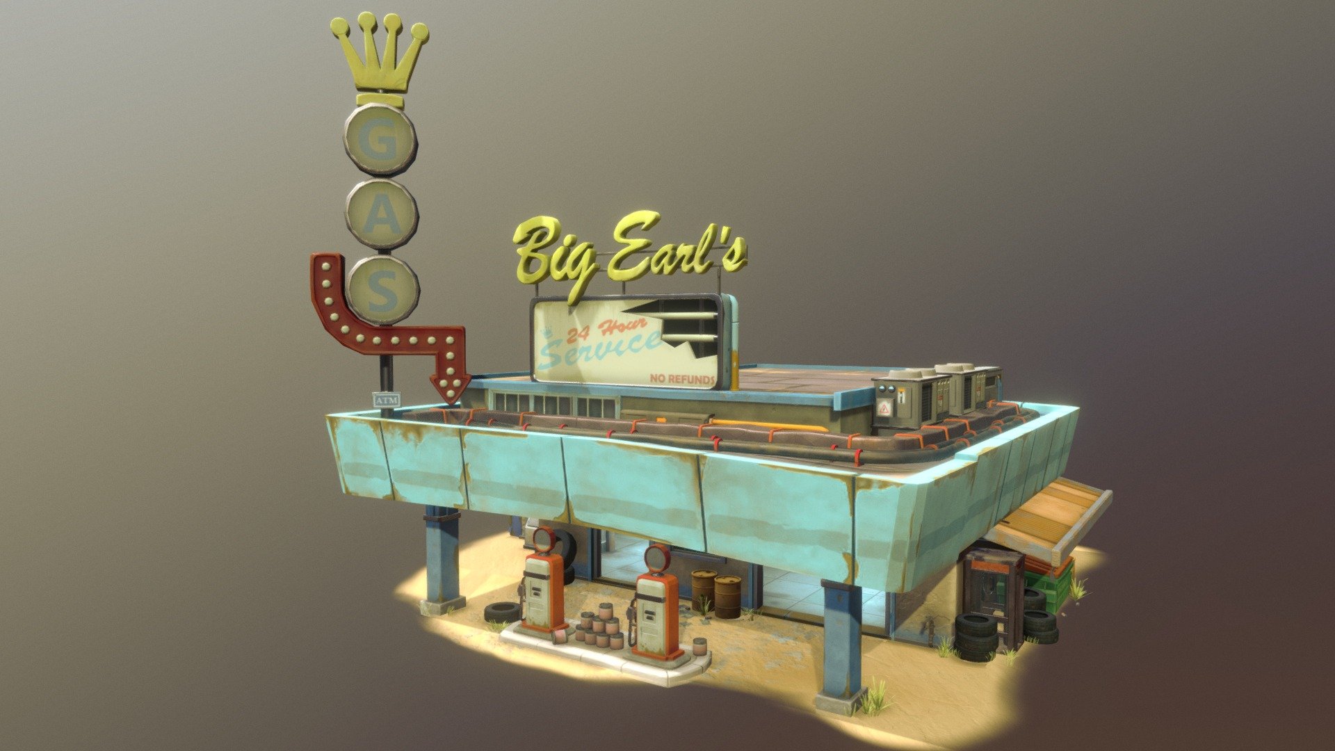 my attempt at recreating the big earls garage from the map route 66 from the game Overwatch, i have always liked the art style of Overwatch and i thought this would be a good group of assets to bring over and re create 3d model