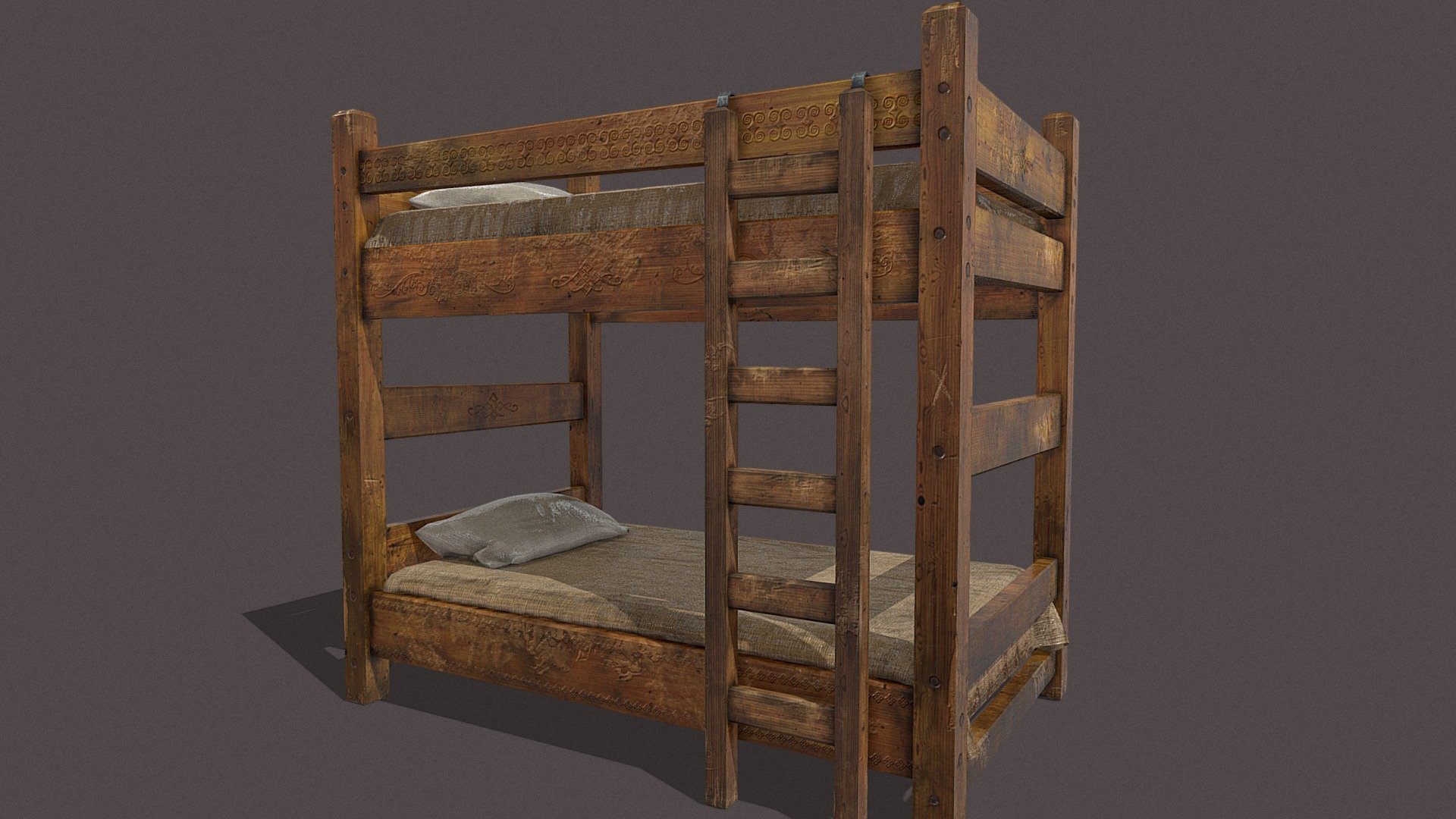 Medieval Style Wooden Bunk Bed with Movable ladder 3D Model - Medieval Bunk Bed - Buy Royalty Free 3D model by GetDeadEntertainment 3d model