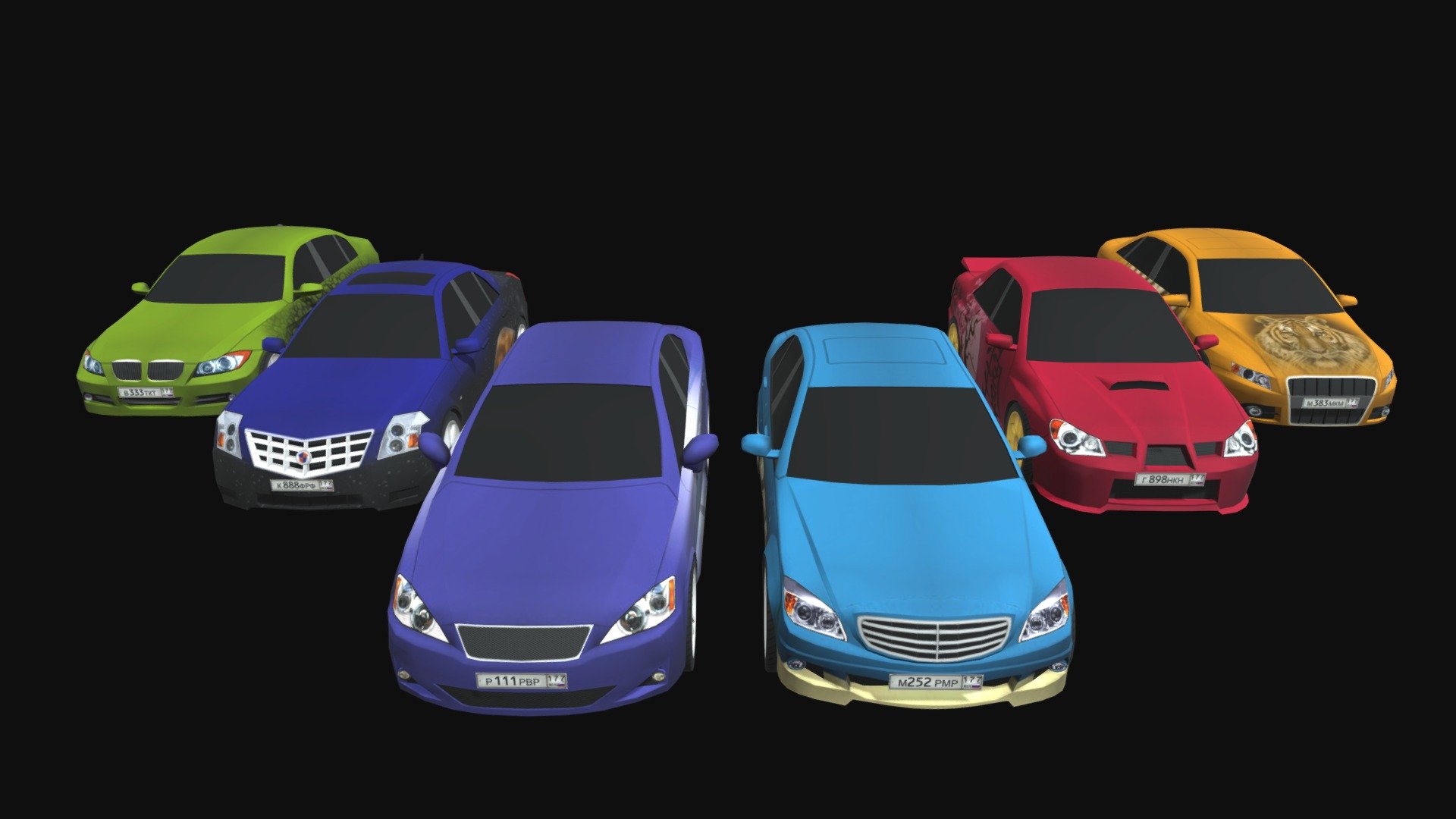 6 cars:


Subaru Impreza
Mercedes-Benz C-Class
BMW 330i
Cadillac BLS
Audi A4
Lexus IS250

3 different car skins 3d model