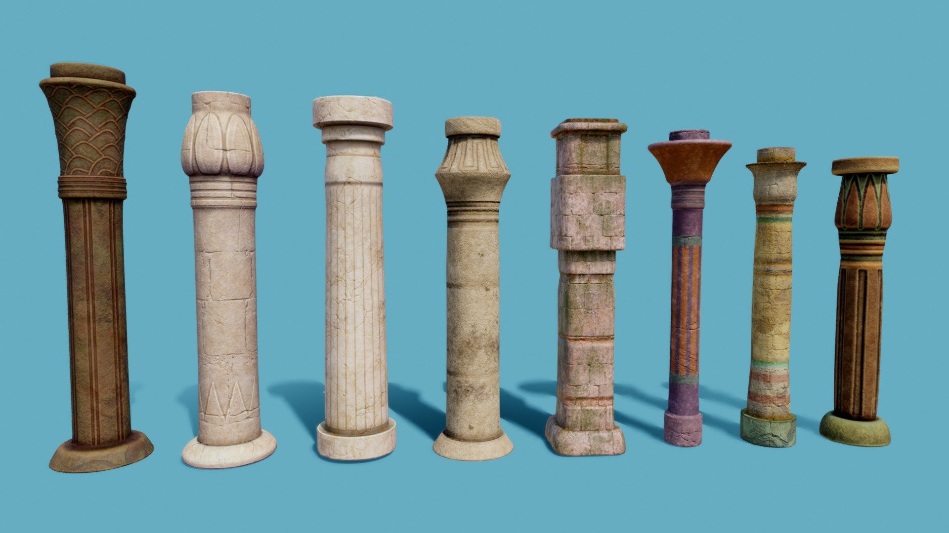 Egyptian Columns
8 Columns with game engine.
fbx, c4d, obj, zbrush and materials

Modeling based on authentic columns
Purchase! Coming  soon - Egyptian Columns - Buy Royalty Free 3D model by dsv86 3d model