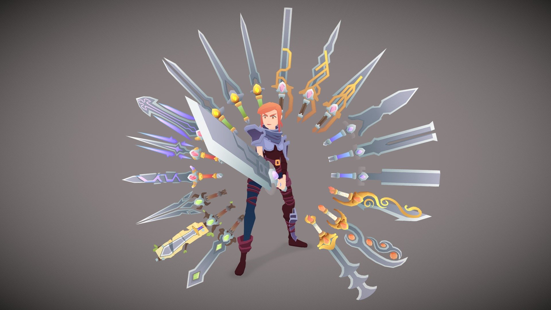 Collection of all Toon Weapons that are ready to be used in your cute cartoon game. Each prop is around 500 - 1100 tris and share a 512x512 texture map.

This Pack is 22% off compared to single purchase and includes 94 weapons:




58 Toon Swords: (https://skfb.ly/6TFyu)

6 Toon Shields: (https://skfb.ly/6TINo)

6 Toon Axes: (https://skfb.ly/oGnQL)

6 Toon Scythes (https://skfb.ly/oG66L)

18 Toon Spears (https://skfb.ly/oGnWp)

1 Texture Palette

All models share the same texture map. Texture map consists of different flat colors and gradients. Move the UV inside a 3D program to change the color. You can also create your own gradients and use them for the equipment.

As a Bonus, you get the fully rigged Wielder of the Weapons as well.

Make sure to download the &ldquo;Additional Files