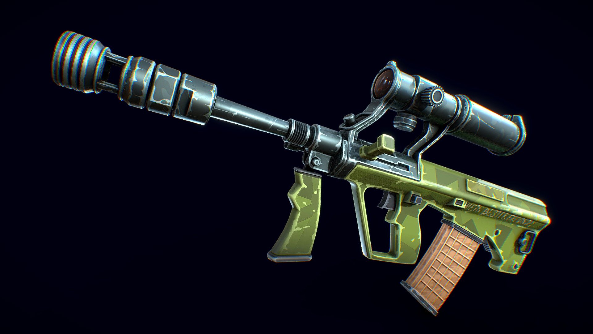 Low-poly 3D model of a Stylized Steyr AUG doesn’t contain any n-gons and has optimal topology. This model has a set of 2K textures 3d model