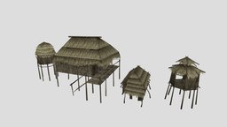 Bamboo Huts photorealistic, vr, ar, realistic, game-ready, optimized, unreal-engine, game-asset, game-model, low-poly-model, game-engine, unity, low-poly