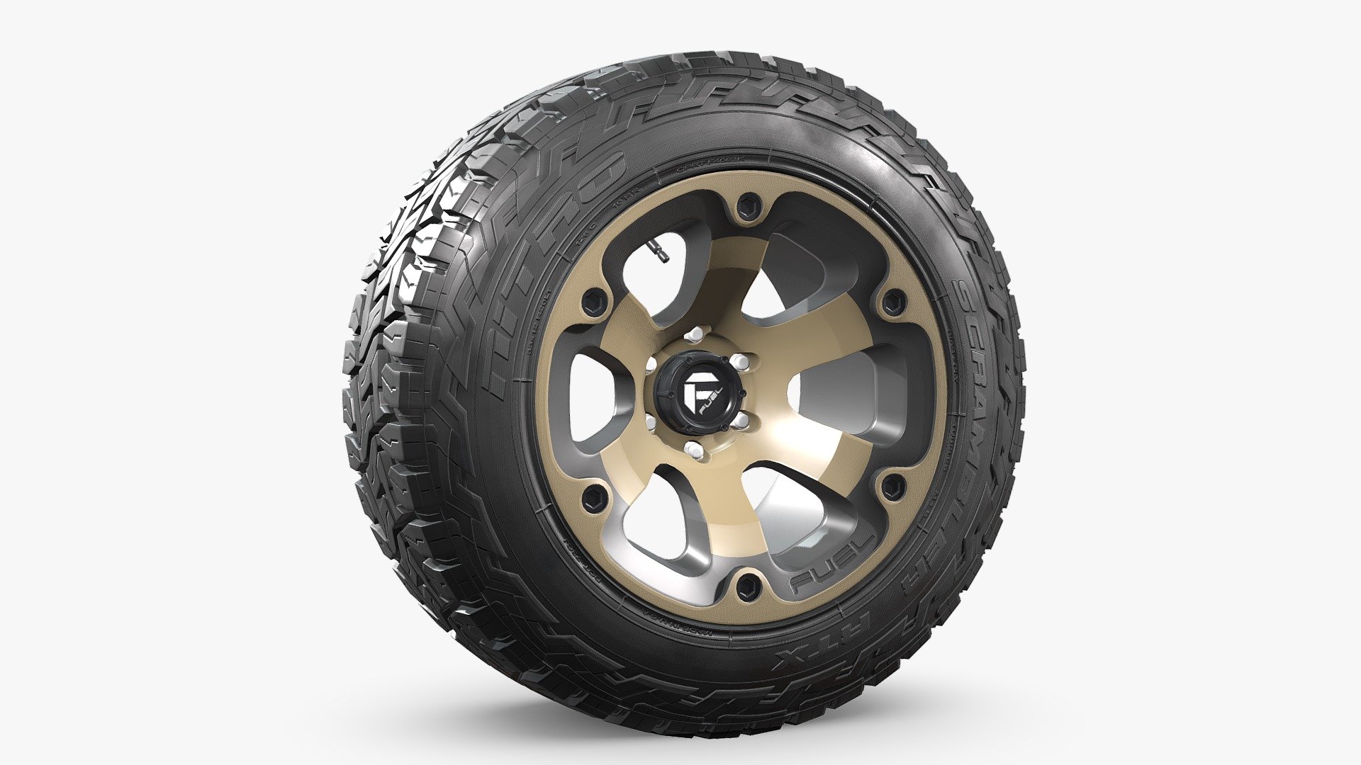 NN 3D store.

3D model of an off road wheel and tire combo.

The model is fully textured and was created with 3DS Max 2016 using the open subdivision modifier which has been left in the stack. There is also a Blender version.

The model has 33.000 polygons with subdivision level at 0 and 132.000 at level 1.

Scale/transform is set to 100%, units are set to centimeters, texture paths are stripped and and it is made to real world scale.

FBX, OBJ and 3DS files have been included in separated HI and LO subdivision versions.

Renderer: V Ray and Cycles.

All materials and textures are included and mapped in all files, settings might have to be adjusted depending on the software you are using.

JPG textures have 2048 x 2048 resolution 3d model