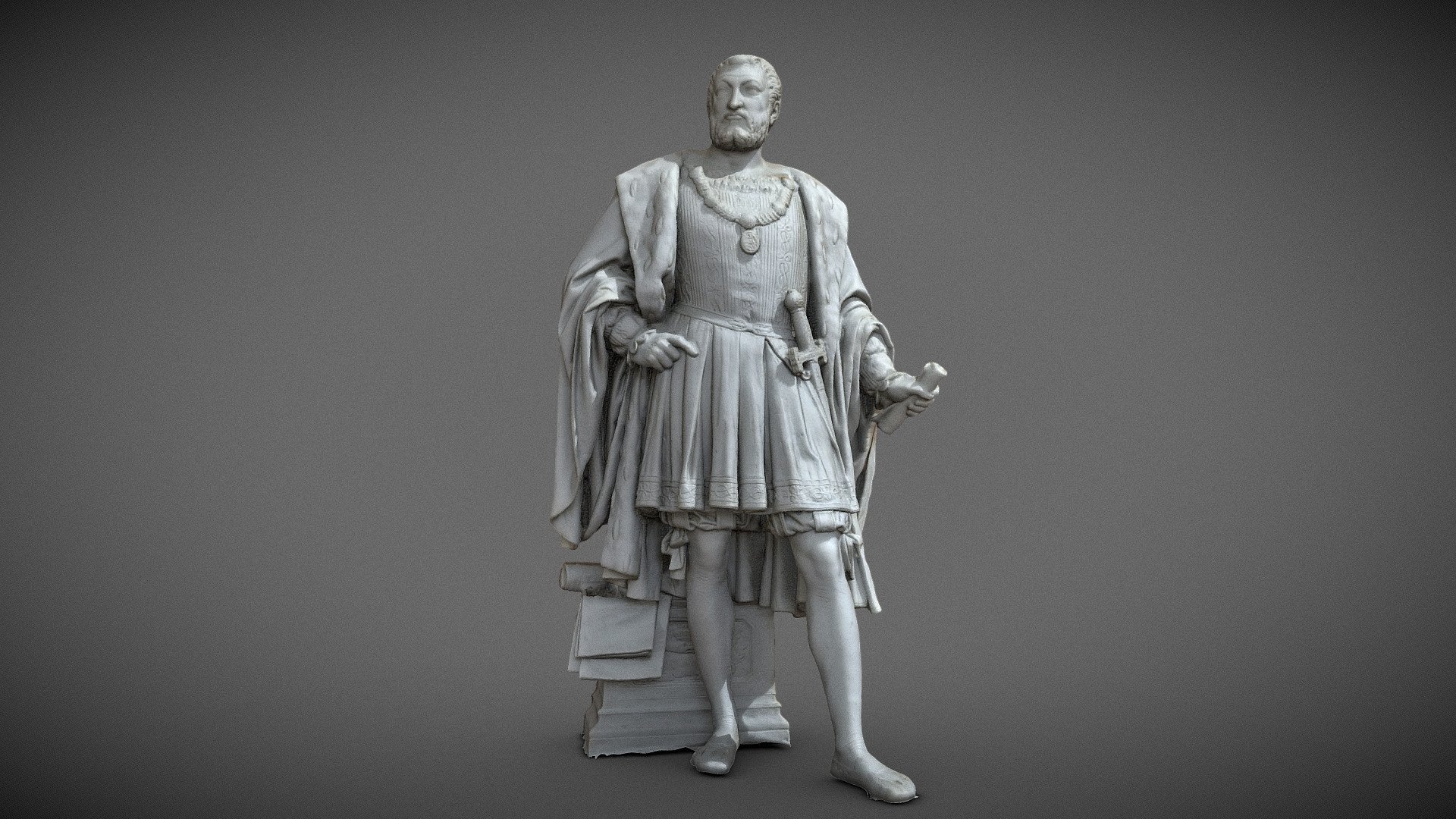 Photogrammetry scan of this Francois 1er statue, quick scan of 140 pic ( not much for a statue ).

François Ier of France (September 12, 1494 – March 31, 1547), called the Father and Restorer of Letters (le Père et Restaurateur des Lettres), was crowned King of France in 1515 in the cathedral at Reims and reigned until 1547.

Francis I is considered to be France's first Renaissance monarch. His reign saw France make immense cultural advances. He was a contemporary of King Henry VIII of England and of Holy Roman Emperor Charles V, his great rivals, and Suleiman the Magnificent, his ally.

source : Wally Gobetz flickr

You can find this statue in Chateau de Versailles, in the France History Gallery 3d model