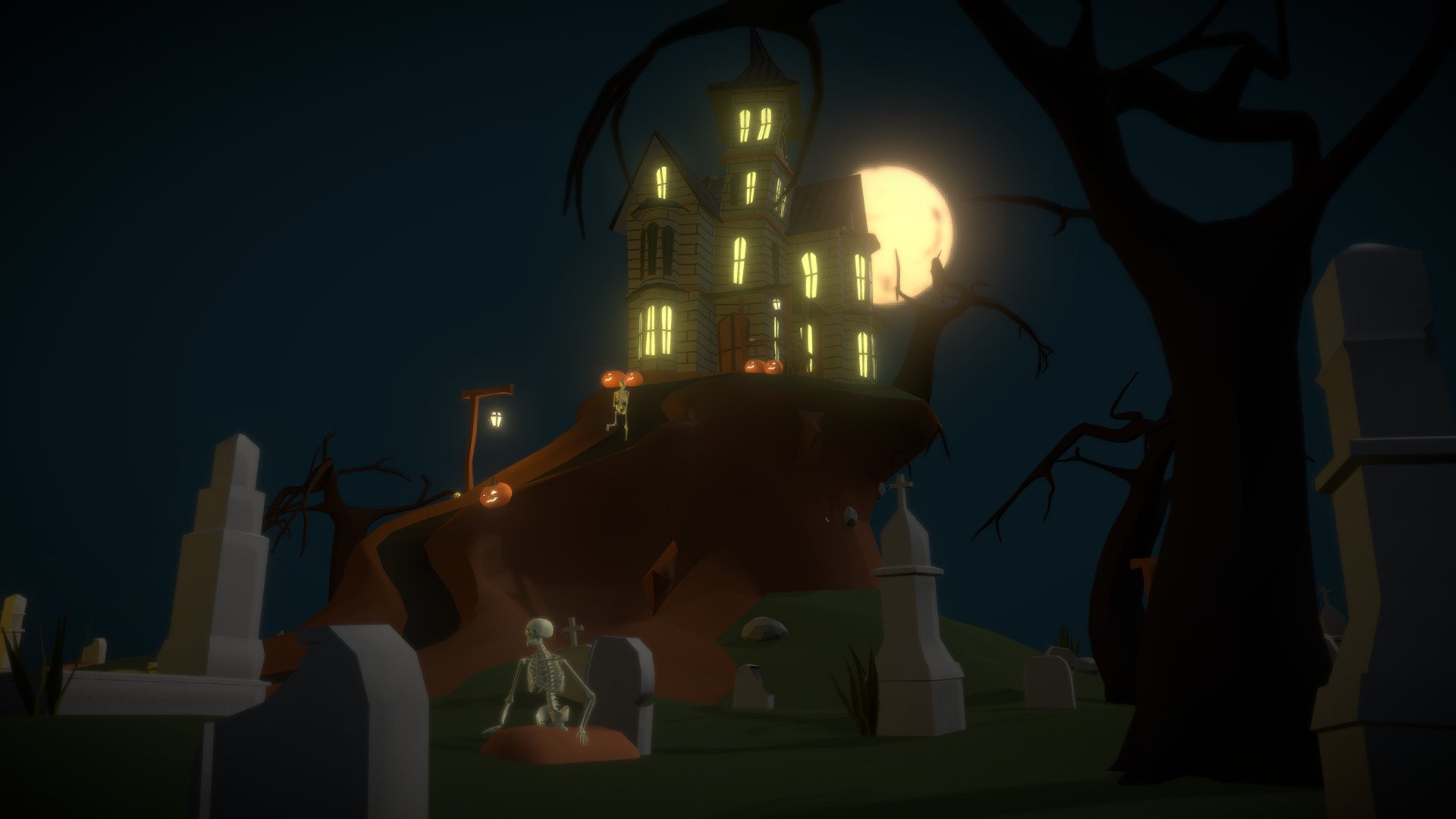 A simple low poly Halloween haunted house, for the #HauntedHouseChallenge.

Spent too much time modelling and rigging the skeleton and run out of time for some features i had in mind.
All made in Blender 2.90

Edit: I finally completed after a month of working on my spare time. 
I changed the house for a more cartoony style. Been playing with the shader node editor to give the house more personality with procedural textures.
Also added more action to the scene 3d model