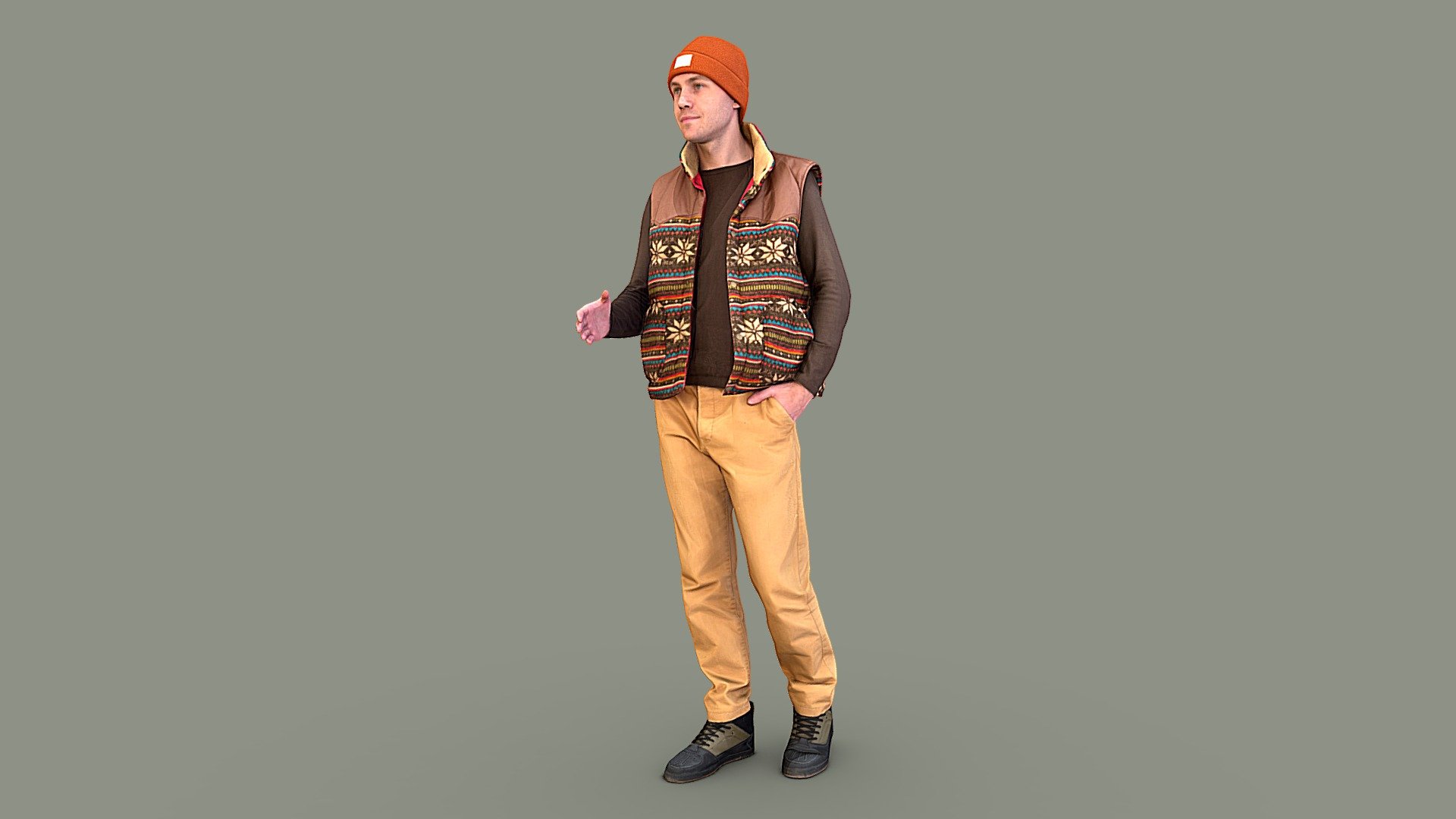 Follow us on Instagram ✌🏼

✉️ A young handsome guy holds out his hand to greet his friend. He is wearing a warm vest with a small geometric pattern, a brown sweater, camel-colored trousers, dark sneakers, and an orange hat.

🦾 This model will be an excellent mid-range participant. It does not need to be very close and try to see the details, it reveals and demonstrates its texture as much as possible in case of a certain distance from the foreground.

⚙️ Photorealistic Casual Character 3d model ready for Virtual Reality (VR), Augmented Reality (AR), games and other real-time apps. Suitable for the architectural visualization and another graphical projects. 50 000 polygons per model.

KXLK09 - Greetings - 3D model by kanistra 3d model