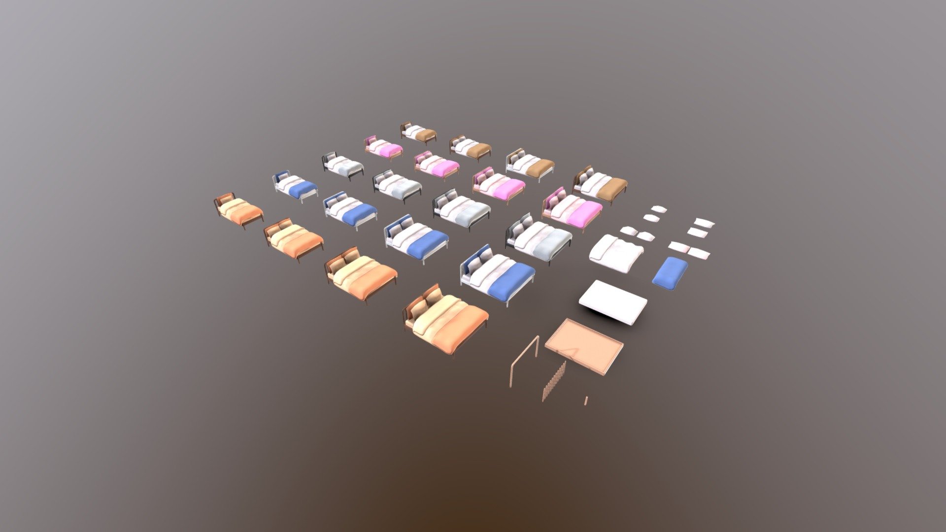 This pack includes over 30+ unique low poly ready-to-use prefabs, different models and materials. Just drag and drop prefabs into your scene and achieve beautiful rooms in no time. You can also use a variety of models and materials to create a different beds, creating a beautiful bedroom with a variety of styles. Saled in Unity assets store 3d model
