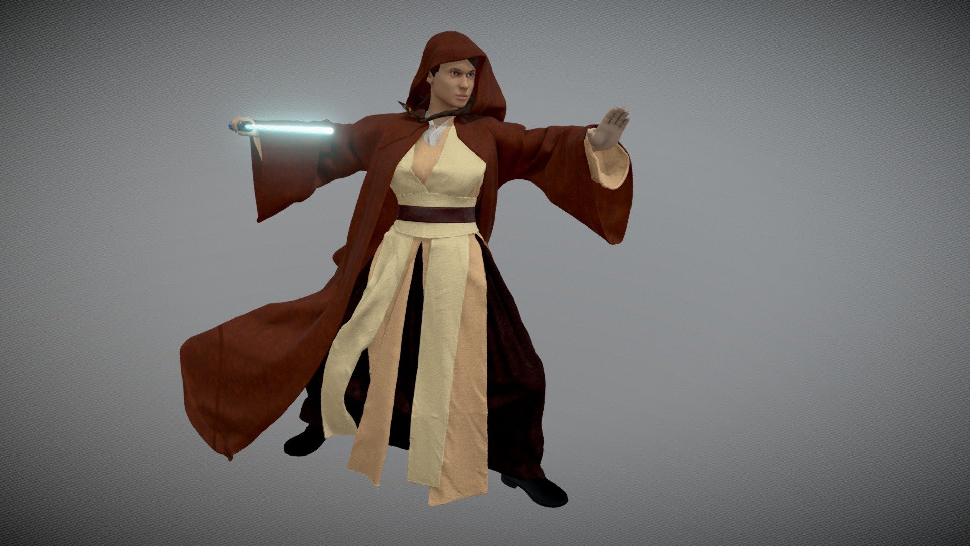 Jedi master character with clothing inspired by a Pinterest cosplay costume post. Part of a larger scene: https://www.artstation.com/artwork/L33V9A
Basemesh from MBlab 1.7, clothing modelled and simulated in Marvelous Designer, texturing in Substance Painter. 
I fixed the texturing of the eyes in Sketchfab now, some weird settings were required in the blending modes of the different eye layers. You live and learn 3d model