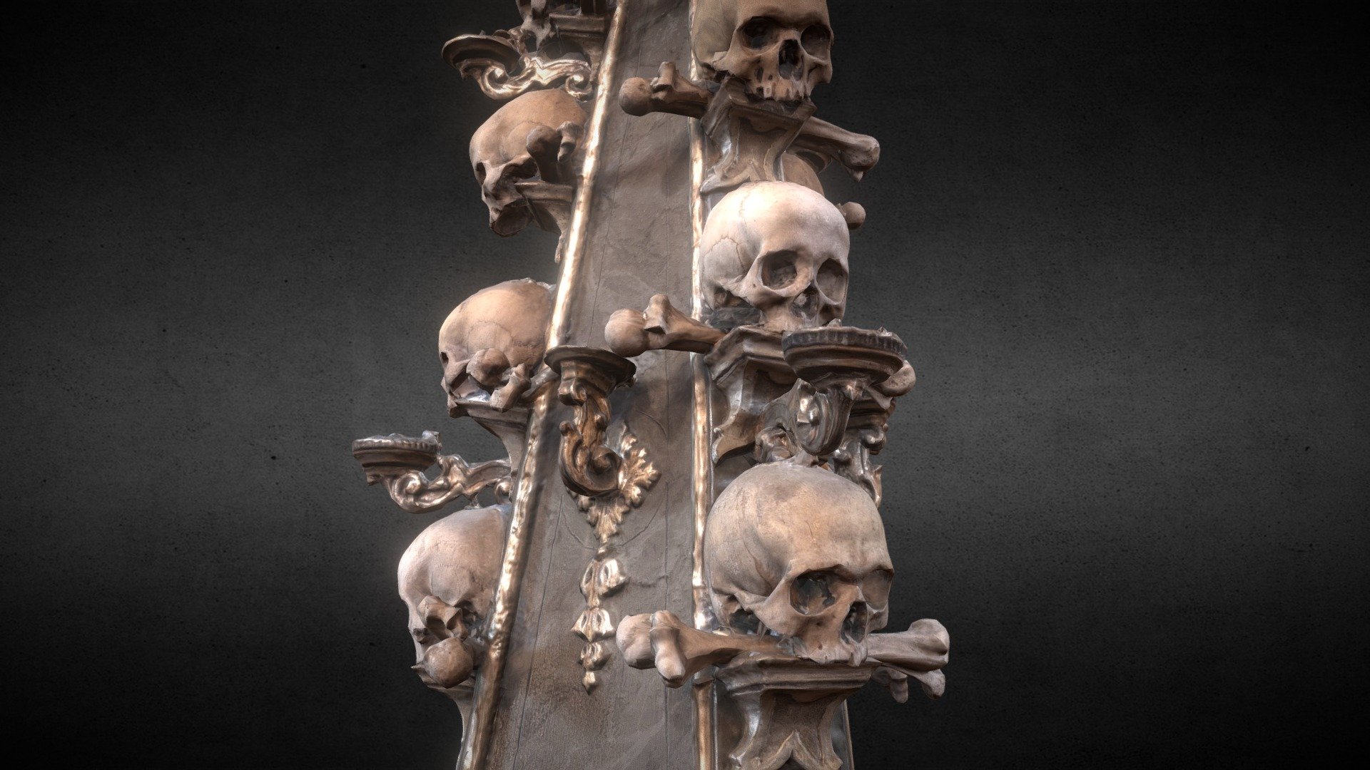 This started as a personal passion project, to preserve a historical record of the famous Sedlec Ossuary bone church in digital form through photography and photogrammetry. It has turned into an epic journey of discovery and importance, working with the assistance of the Sedlec Ossuary Director, and the Sedlec Roman Catholic Parish of Kutná Hora. This will be the most physically and historically accurate representation of the ossuary ever created, from measurements, blueprints, photoscanning, and historic records.

The Sedlec Ossuary is located in the town of Kutna Hora in the Czech Republic, which is a recognized UNESCO World Heritage site. The ossuary was decorated with the bones of over 60,000 humans 150 years ago, in a stunning artistic display that isn't replicated in any ossuary or catacomb in the world. The Sedlec Ossuary is also currently undergoing extensive, unprecedented renovations to help preserve it for future generations to enjoy.
sedlecossuary.mechanicalwhispers.com - Sedlec Ossuary Skull Candleholder Column - 3D model by MechanicalWhispers 3d model