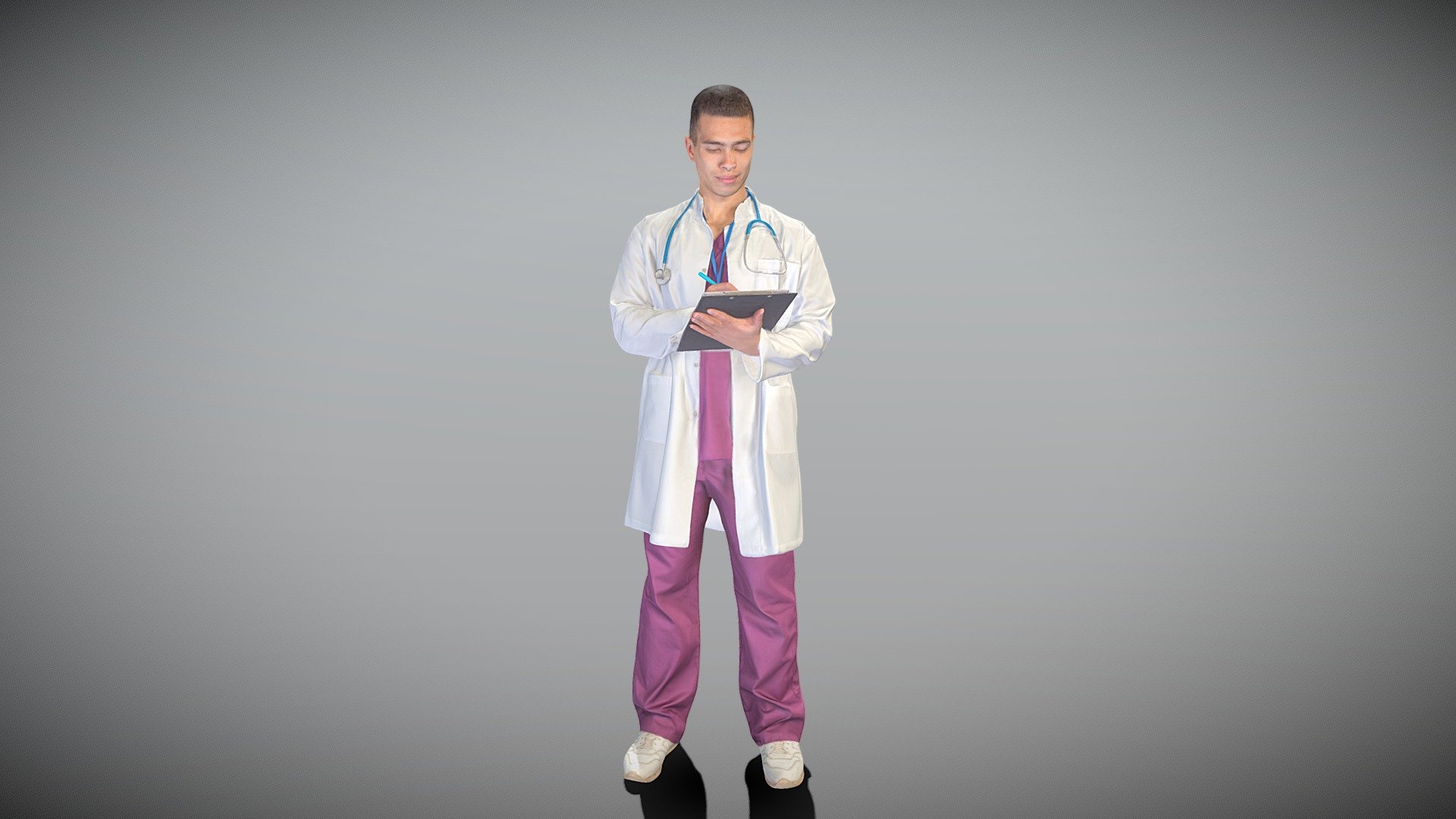 This is a true human size and detailed model of a handsome man of Caucasian appearance dressed in a medical uniform. The model is captured in typical professional pose to perfectly match a variety of architectural and product visualizations, be used as a background or mid-sized character in advert banners, professional products/devices presentations, educational tutorials, VR/AR content, etc.

Technical specifications:




digital double 3d scan model

150k &amp; 30k triangles | double triangulated

high-poly model (.ztl tool with 5 subdivisions) clean and retopologized automatically via ZRemesher

sufficiently clean

PBR textures 8K resolution: Diffuse, Normal, Specular maps

non-overlapping UV map

no extra plugins are required for this model

Download package includes a Cinema 4D project file with Redshift shader, OBJ, FBX, STL files, which are applicable for 3ds Max, Maya, Unreal Engine, Unity, Blender, etc.

3D EVERYTHING

Stand with Ukraine! - Male doctor standing with folder 419 - Buy Royalty Free 3D model by deep3dstudio 3d model