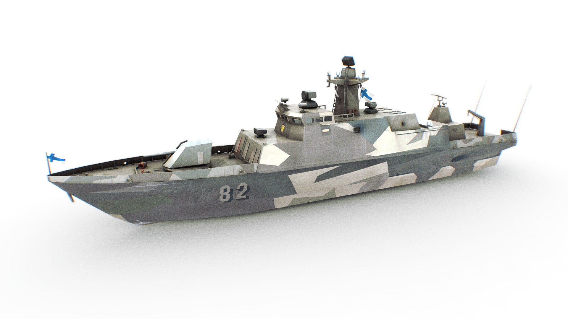 Hamina-class missile boat

Game ready, low poly model.

Easy repeatable texture.

General characteristics

Type:        Fast attack craft

Displacement:        250 tons
Length:        51 m (167 ft)

Beam:        8.5 m (28 ft)

Draught:        1.7 m (5 ft 7 in)

Propulsion:        2 × MTU 16V 538 TB93 diesels; 5520 .

Speed:        30+ knots

Range:        500 nmi (930 km; 580 mi)

Complement:        26

Sensors and
processing systems:        

Ceros-200 FCS (Saab)
Consilium Selesmar maritime radar
TRS-3D/16-ES multimode acquisition 3D radar (EADS)
ANCS 2000 Combat Management System (EADS)
MSSR 2000 I IFF (EADS)
EOMS (SAGEM)
Simrad Subsea Toadfish sonar
Sonac/PTA towed array sonar (Finnyards)

Electronic warfare
and decoys:        

MASS (Multi Ammunition Soft-kill System) (Rheinmetall)
Decoys: Philax chaff, IR flares

Smoke system: Lacroix ATOS
EMS: Matilda radar warning system (Thales)

Notes:        Ships in class include:
Hamina (80)
Tornio (81)
Hanko (82)
Pori (83) - Hamina missile boat - Buy Royalty Free 3D model by Omni Studio 3D (@omny3d) 3d model
