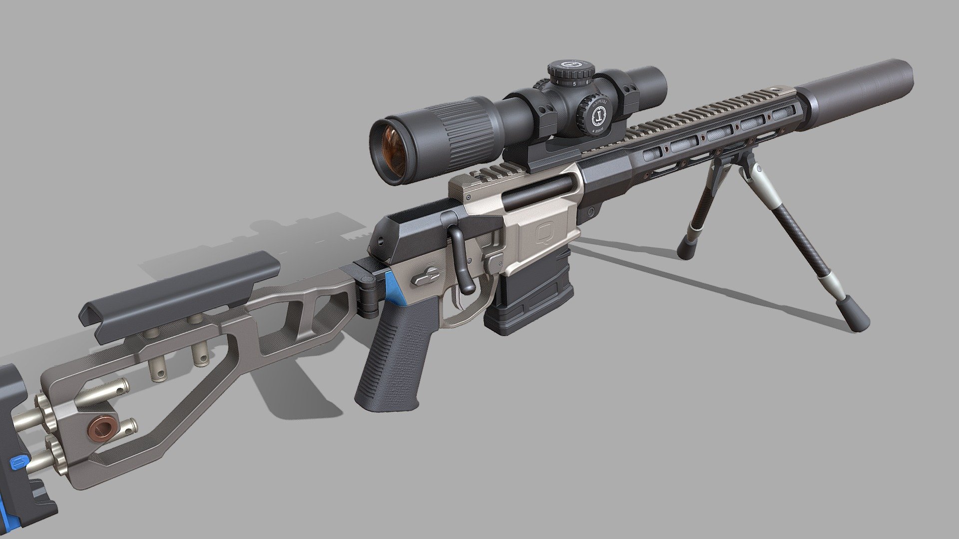 this is high quality game ready weapon model with 4K PBR textures and its ready for use. model comes with: 4k textures (5 uv sets) OBJ and FBX files. 

-Detailed low poly model. Clear topology, only tris and quads

-MODEL ATTACHMENTS: 1. Leupold mark 6 scope 2. jumbo shrimp suppressor 3. Q Cherry Bomb Quickie Muzzle Brake 4. Bipod

-THIS MODEL IS GAME READY and also can be used in cinematic films and movies.

-Can be used in all current game engines such a Unity 3d, CryEngine 5, Unreal Engine 4 etc. -Rendered in Marmoset 3.

-File contains 5 sets of 4K PBR textures : roughness, metallnes, normal, AO map and base color 3d model