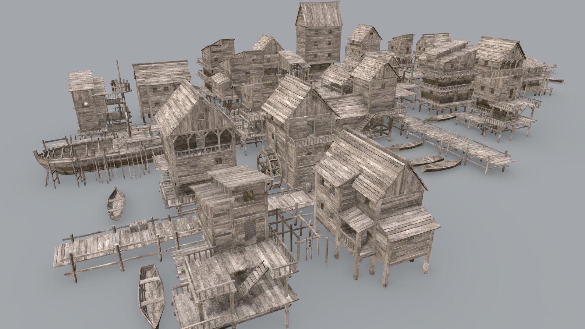 This modular set allows you to create pirate town,fishing town or any medieval scenes of cities. The set uses seamless and tiled textures, so you can easily apply your own texture to get your own design and look. Every part is neat and polished. Clean wireframe.Every detail is worked out by hand.Designed to be modifiable.Includes 16 wooden buildings,barrels, boats, crates and other furnishings. In total 54 objects. The model is suitable for creating a game. The model is detailed inside and out. 

Purchase: 

https://www.artstation.com/a/19958225

https://www.unrealengine.com/marketplace/en-US/product/pirate-town - Fishing Town - 3D model by Crazy_8 (@korboleevd) 3d model
