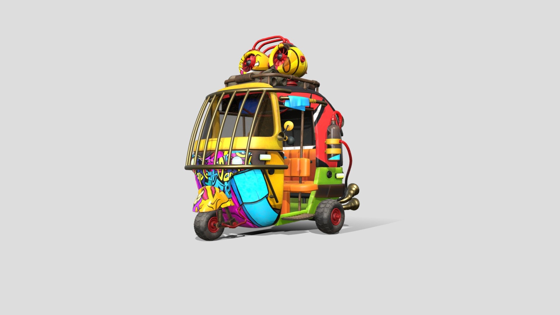 This is a stylized version of Indian AutoRickshaw with some personalized graffiti decals. They can drive off road, on road &amp; squeeze in anywhere literally. They are on average very fast and if the driver feels lucky you can make 30min travel time in 15min. Remember there is no seat belts so grab whatever you can. Not for faint-hearted 3d model