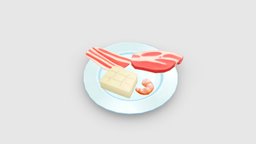 Cartoon bacon food, plate, meat, shrimp, cook, tail, kitchen, cooking, pork, beef, tofu, bacon, lowpolymodel, ingredients, handpainted