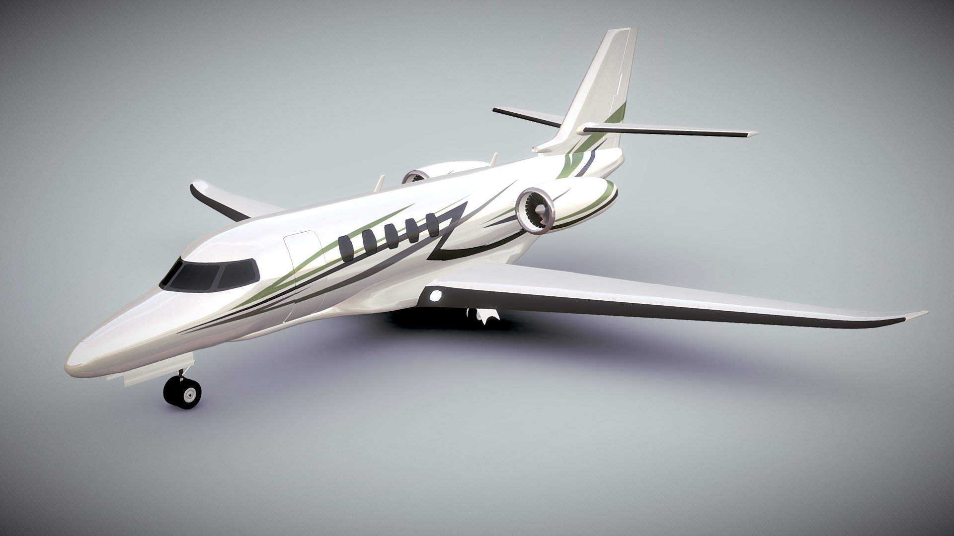 Pretty detailed 3d model of new Cessna business jet.Model created with blender3d version 2.76.Rendering previews with blender internal render software.Renderings created with subd 2,until my 3d models were zipped with subd 1.In blender file you can even use it without subdivisions if you like.There is only one texture projected from side view 2556x2556png file,with windows and stripe details.You can use this model for flying and for landing and you can pull wheels inside the fuselage.Also elavators are detached,but not rigged.Rudder is attached to the rest of the fuselage,but you can easily detach it.I have rigged wheel carriers,and where it's named axis that object you can rotate and pull in or out your wheels by axis.Most of the objects are named by object and by material too.Enjoy my 3d model of aircraft.

3ds file 
verts: 300117 
polys: 100039

obj file 
verts: 58309 
polys: 101195 - Cessna Citation Latitude private jet - Buy Royalty Free 3D model by koleos3d 3d model