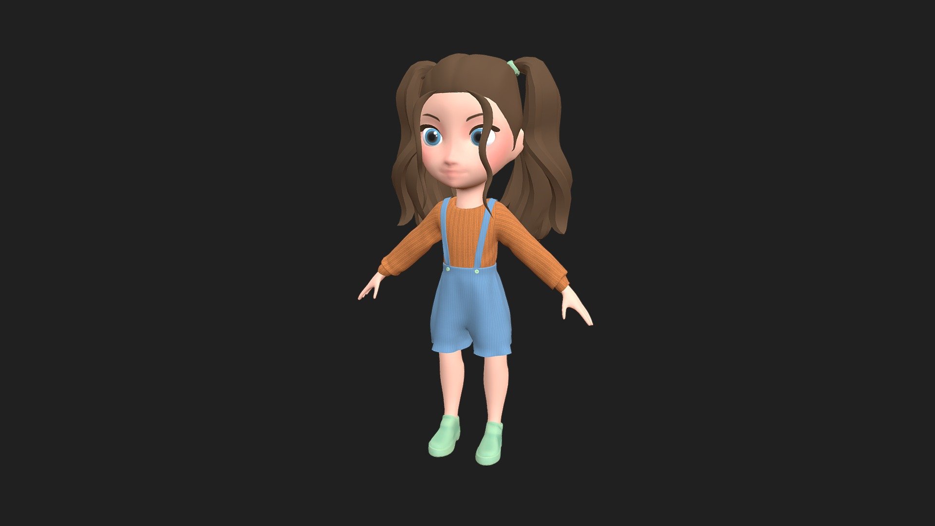This little girl is called Aghata, she is a happy and funny OC that I've created inspired in my friend's daughter. 
She is the main character in a game (under production atm) and I am very proud of the result 3d model