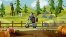 Milk Delivery cat, cute, diorama, vespa, farm, character, lowpoly