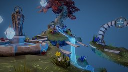 Abandoned Garden Diorama tree, well, garden, fountain, flowers, angel, diorama, statue, water, dmu, waterfall, archway, dmuga, handpainted, lowpoly, gameart, stylized, fantasy, environment