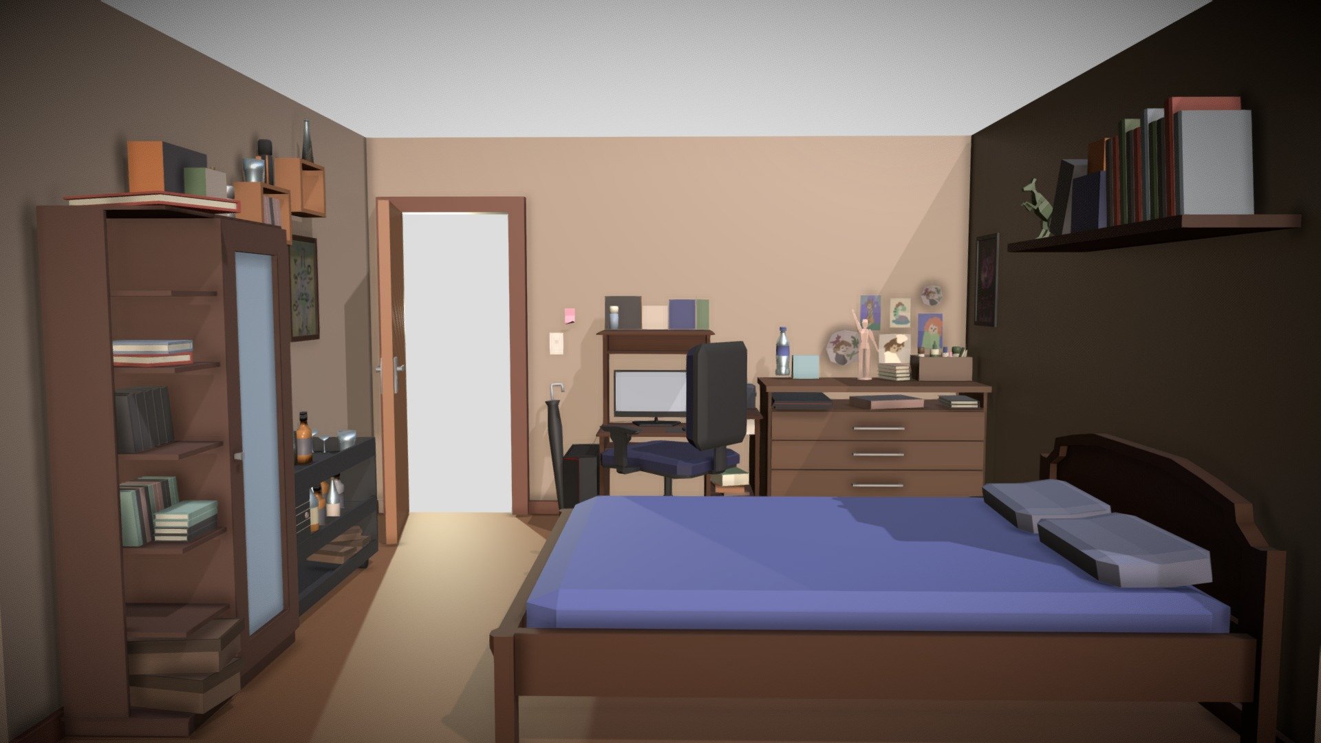 A lowpoly-esque render of my bedroom.
This is one of the first personal projects that I make so I guess there's a lot of room for improvement 3d model