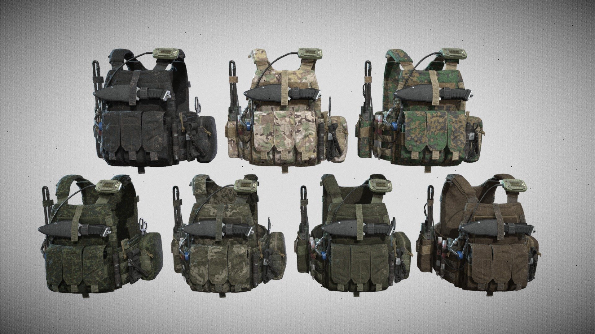 Game-Ready PBR low-poly model of a tactical vest.
All materials and textures are included.
The textures of the model are applied with UV Unwrap.
Normal map was baked from a high poly model.
Including 3dsmax and Blender, OBJ and FBX.

14843 polygons
27238 triangles
14074 vertices

Maps:

vestBaseColorSand.tga, vestBaseColorBlack.tga, vestBaseColorCamo01.tga, vestBaseColorCamo02.tga, vestBaseColorCamo03.tga, vestBaseColorCamo04.tga, vestBaseColorGreen.tga, vestNormal.tga, vestSpecular.tga, vestMetallic.tga, vestAO.tga, vestCurvature.tga, vestGlossiness.tga, vestRoughness.tga (4096x4096)

detailsAO.tga, detailsBaseColor.tga, detailsCulvature.tga, details Diffuse.tga, detailsGlossiness.tga, detailsMetallic.tga, detailsNormal.tga, detailsSpecular.tga, detailsRoughness.tga (4096x4096)* - Tactical Vest - Buy Royalty Free 3D model by alpenwolf (@alpen) 3d model