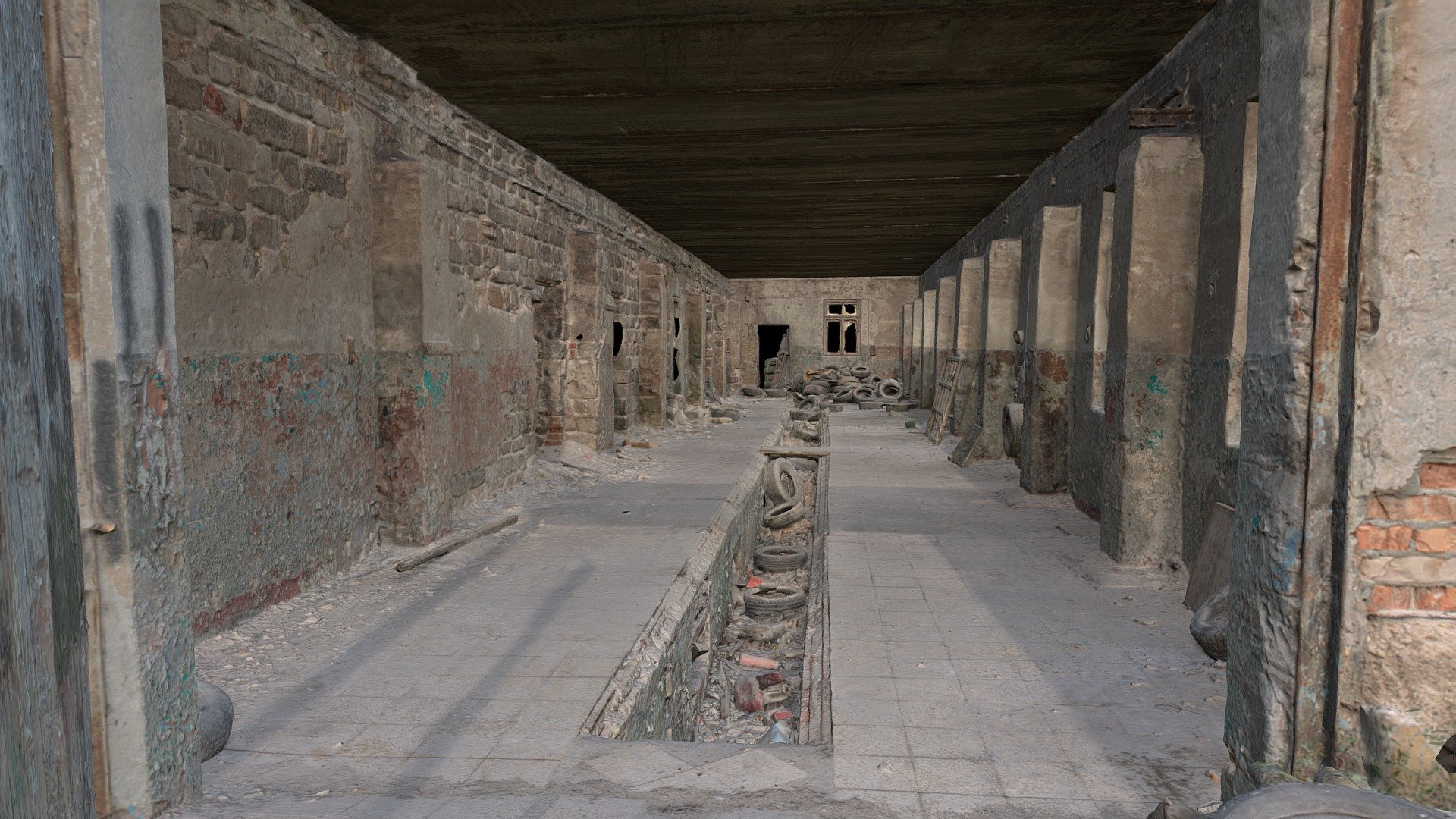 3D scan of the interior of an abandoned soviet industrial building.
Rubber tires on the ground.
With normal map 3d model