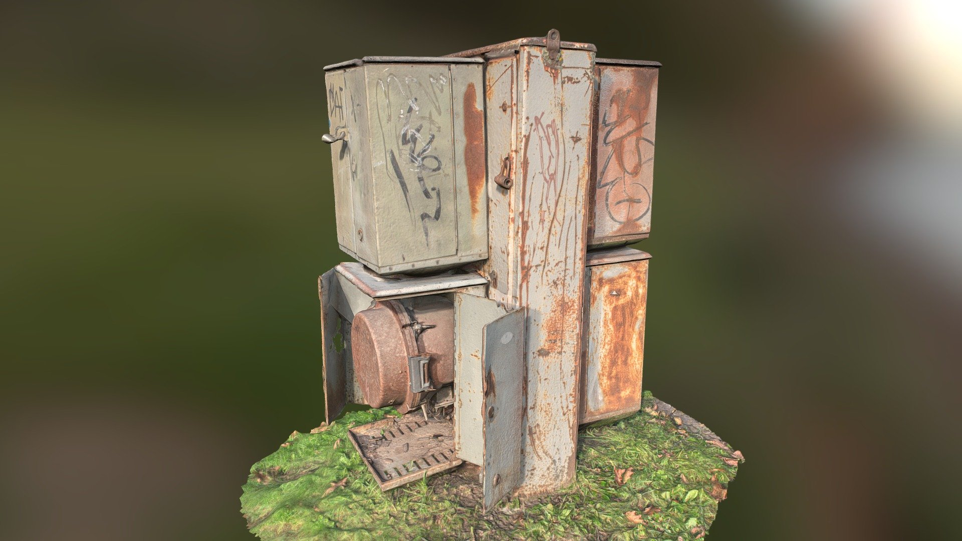 3D scan of some old, rusty metalic boxes.
One box open with rusty metalic pipes inside.
With Normal map 3d model