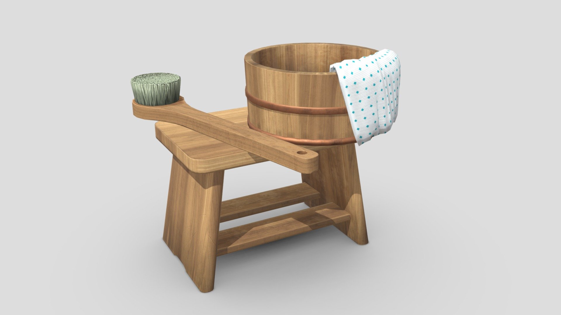 Stool and bucket made of Hinoki wood, for a relaxing time at a Japanese &ldquo;onsen