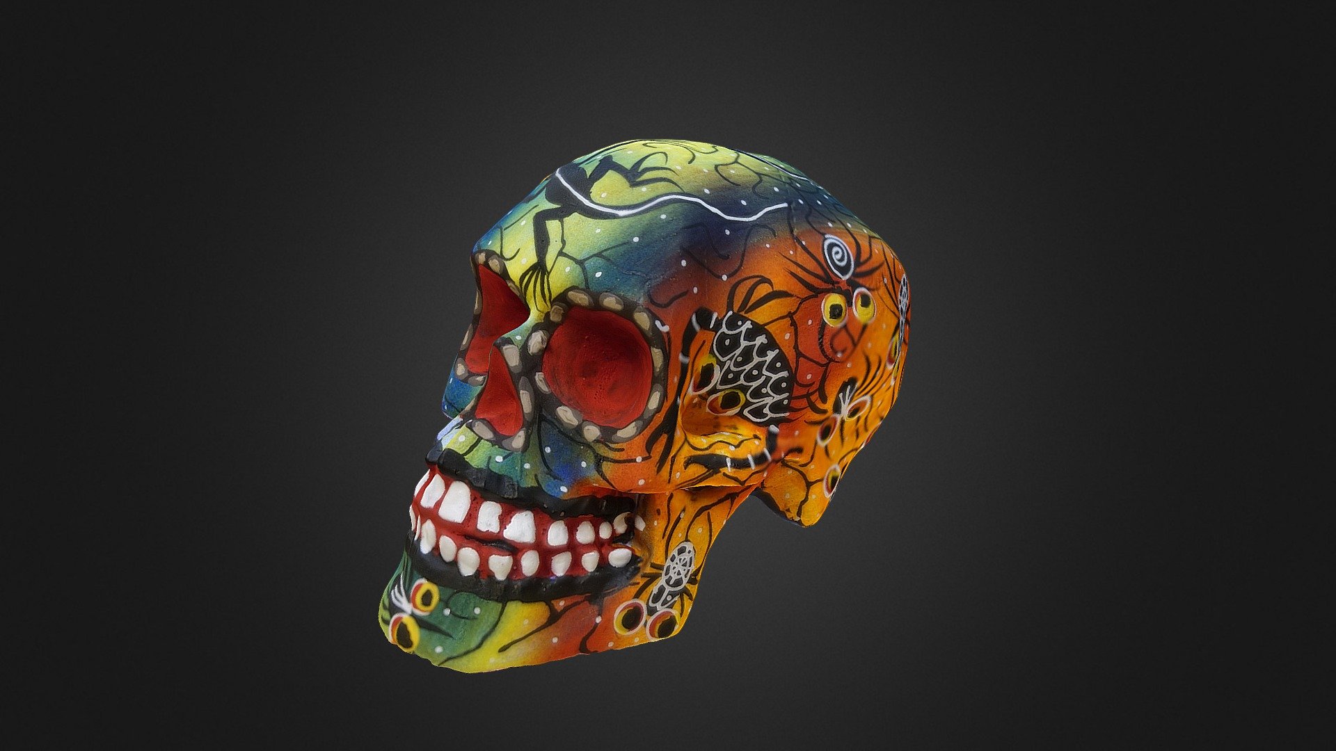 This is a beautiful hand painted Alebrije skull from Oaxaca, Mexico. This model was created using photogrammetry with a Sony mirrorless camera and Agisoft Photoscan 3d model