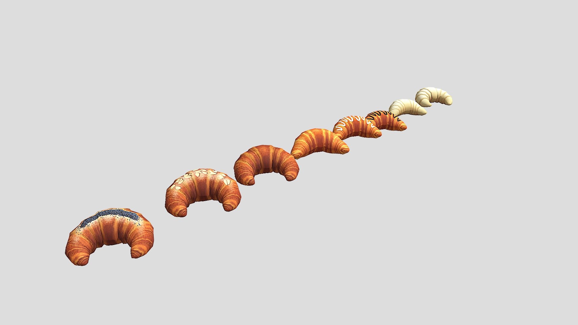 Eight models of appetizing croissants in the style of &ldquo;low-poly