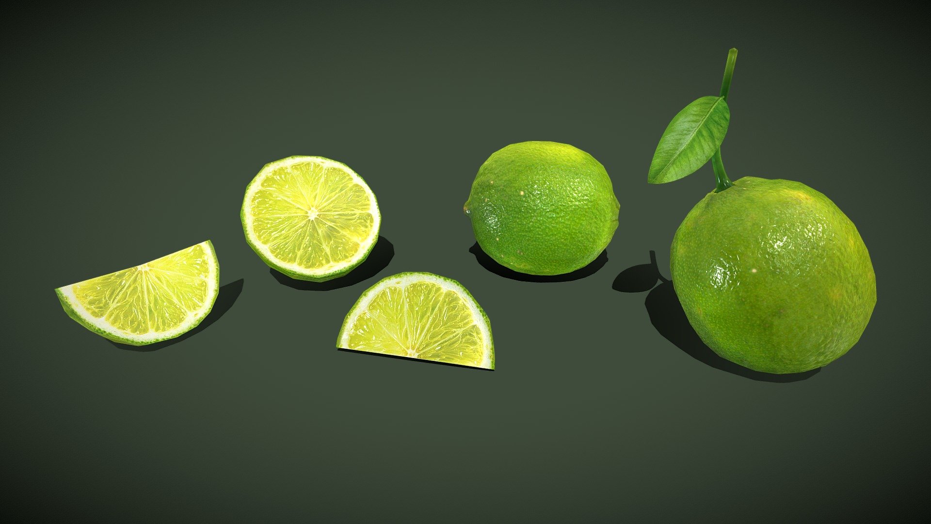 Lemon Fruit Sliced With Leaf
This Lime pack 3D model was created with real referance. It’s created accurately and qualitatively, in real units of measurement. 

Texture Pack: 2k Jpeg files.

This Pack contains: 
-&gt; 1 full lime model with leaf,
-&gt; 1 full lime model without leaf,
-&gt; 1 half slice, 
-&gt; 2 quarter slices.
This Lemon or Lime fruit and slice for all of your needs.

lemon
slice
fruit
juice
food
and
sliced
half
cut
photorealistic
scan
scanned
drink
realism
realistic
lime
quater
full - Lemon Fruit Sliced With Leaf - Buy Royalty Free 3D model by srikanthsamba 3d model