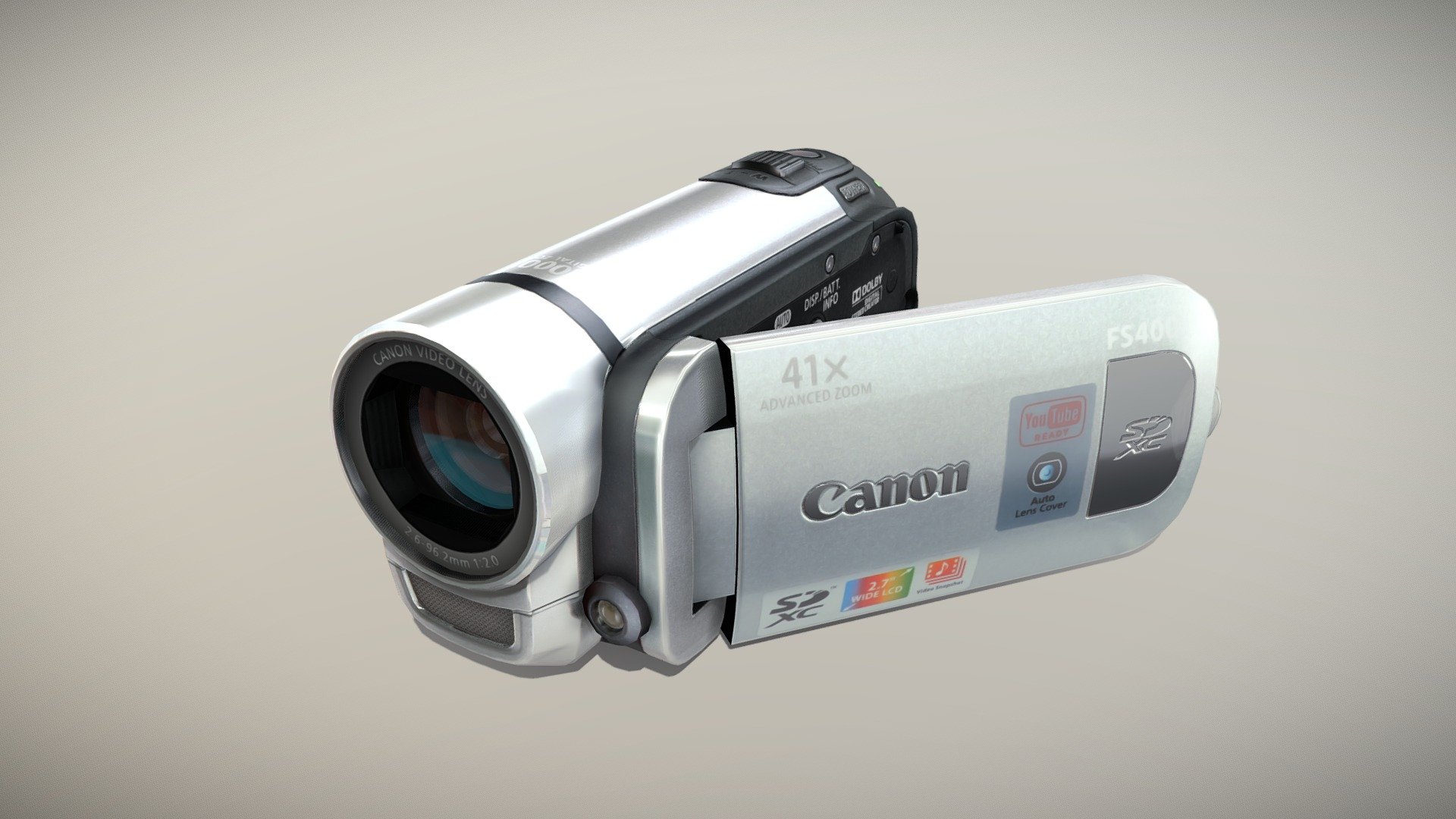 •   Let me present to you high-quality low-poly 3D model Canon FS400 Silver. Modeling was made with ortho-photos of real camcorder that is why all details of design are recreated most authentically.

•    This model consists of a few meshes, it is low-polygonal and it has two materials (Body and Glass Lens).

•   The total of the main textures is 5. Resolution of all textures is 4096 pixels square aspect ratio in .png format. Also there is original texture file .PSD format in separate archive.

•   Polygon count of the model is – 4363.

•   The model has correct dimensions in real-world scale. All parts grouped and named correctly.

•   To use the model in other 3D programs there are scenes saved in formats .fbx, .obj, .DAE, .max (2010 version).

Note: If you see some artifacts on the textures, it means compression works in the Viewer. We recommend setting HD quality for textures. But anyway, original textures have no artifacts 3d model