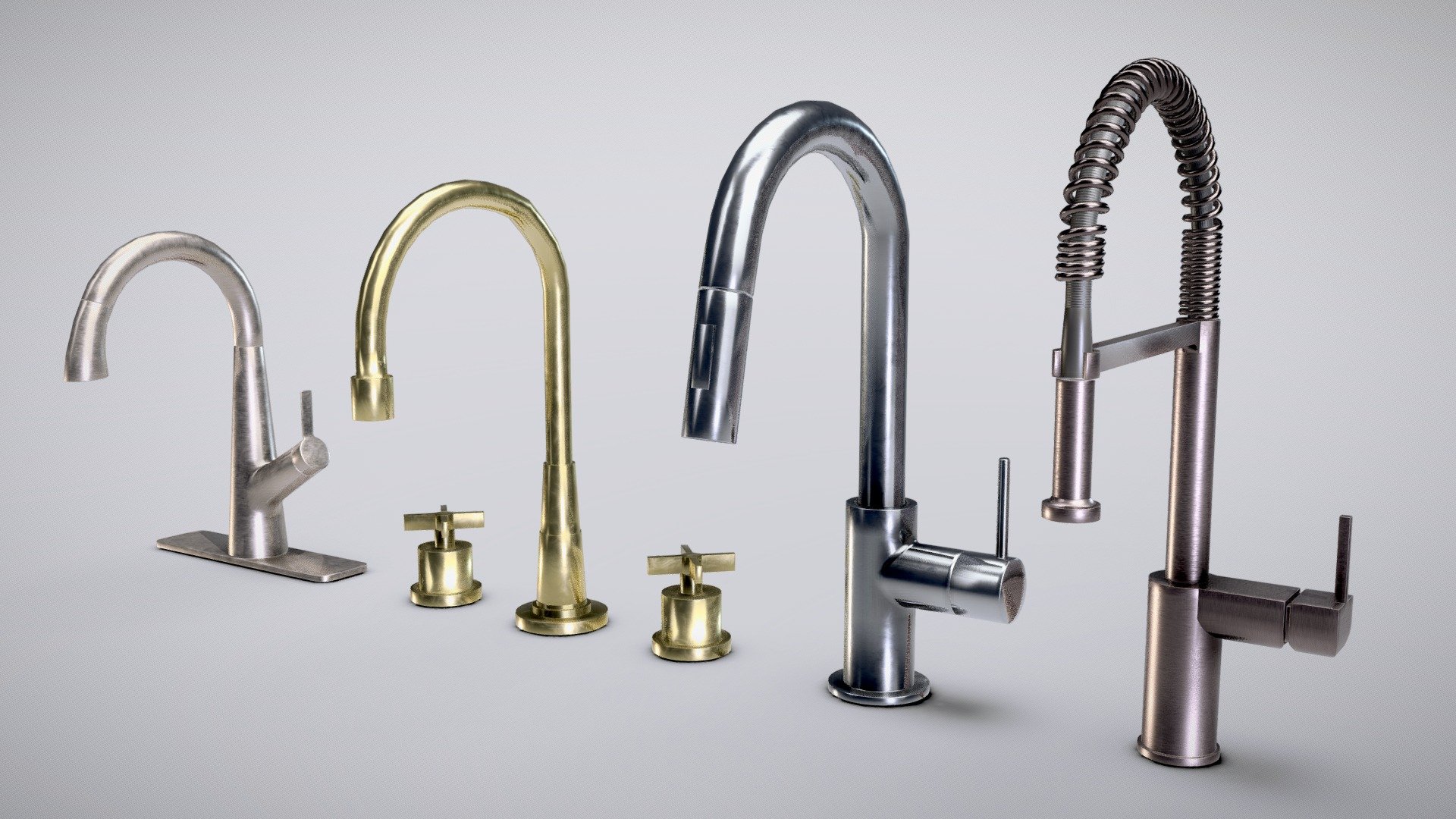 A set of four kitchen faucets, each having a different finish, suitable as a game asset, is VR/AR ready, with a PBR workflow, and is also suitable for realistic renders.

The model contains a Zip file, with:


3 Versions for every file format: Beveled - suitable for subdivision and/or smooth shading, Unbeveled - intended as a background object, unsuitable for subdiv/ smooth shading but with a smaller amount of vertices, Subdivided - subdivided in advance;
Tailored textures with multiple resolutions (like 2K, 4K) for a PBR Metalness workflow, such as DIFFUSE/METALLIC/ROUGHNESS/NORMAL;
Both OpenGL and DirectX normal maps;
An additional preview scene with a camera, lights, and a background;
All model versions also have UV unwrapping and appropriate pivot/origin points;

Formats: 
1. fbx.
2. obj.
3. dae.
4. blend.


Scale: Real World - Metric
Dimension: varying from 33cm (13'&lsquo;) to 44.8cm (17.6'&lsquo;)
Geometry: All quads with few appropriate triangles
 - Set of Kitchen Faucets Low-Poly 3D Model - Buy Royalty Free 3D model by PatrickZhiaran 3d model