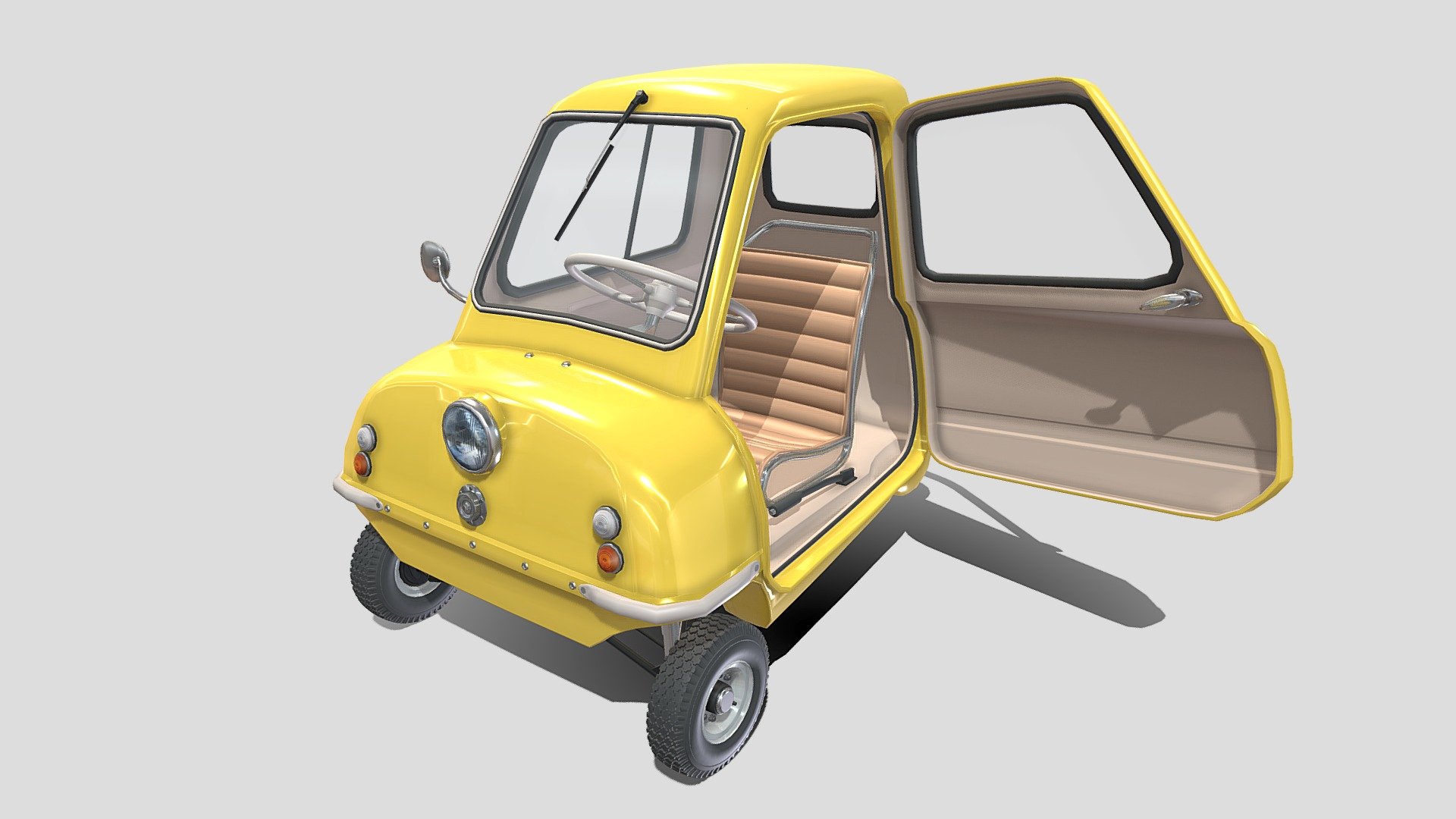 Highly detailed Peel P50 Micro Car with a detailed interior and drivetrain (suspension, chassis, motor, steering, brakes) 3d model rendered with Cycles in Blender, as per seen on attached images. 
The 3d model is scaled to original size in Blender.

File formats:
-.blend, rendered with cycles, as seen in the images;
-.blend, open, rendered with cycles, as seen in the images;
-.blend, with a seethrough of the chassis and drivetrain, rendered with cycles, as seen in the images;
-.obj, with materials applied;
-.obj, open, with materials applied;
-.dae, with materials applied;
-.dae, open, with materials applied;
-.fbx, with materials applied;
-.fbx, open, with materials applied;
-.stl;
-.stl, open;

Files come named appropriately and split by file format.

3D Software:
The 3D model was originally created in Blender 2.8 and rendered with Cycles.

Materials and textures:
The models have materials applied in all formats, and are ready to import and render.
The models come with one png texture 3d model