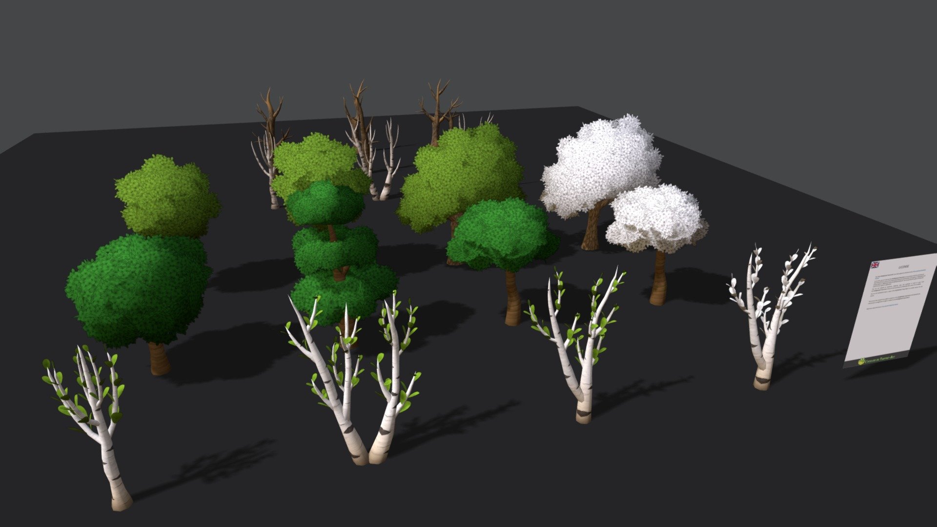 It is a lighter version of Handpainted Forest Pack




OPTIMIZED FOR PC (LOD for all assets)

COLOR CUSTOMIZATION: White textures allow you to apply the color you want if your shaders allow it or from Photoshop.


Package contains 18 meshes
3 Beeches, 3 Birches, 3 Oaks, 3 Dead Beeches, 3 Dead Birches, 3 Dead Oaks.


Textures
9 textures of 2048-2048 px

License included in texture  for clarity - Handpainted Trees Pack 1 - Buy Royalty Free 3D model by Taryne-Aly 3d model