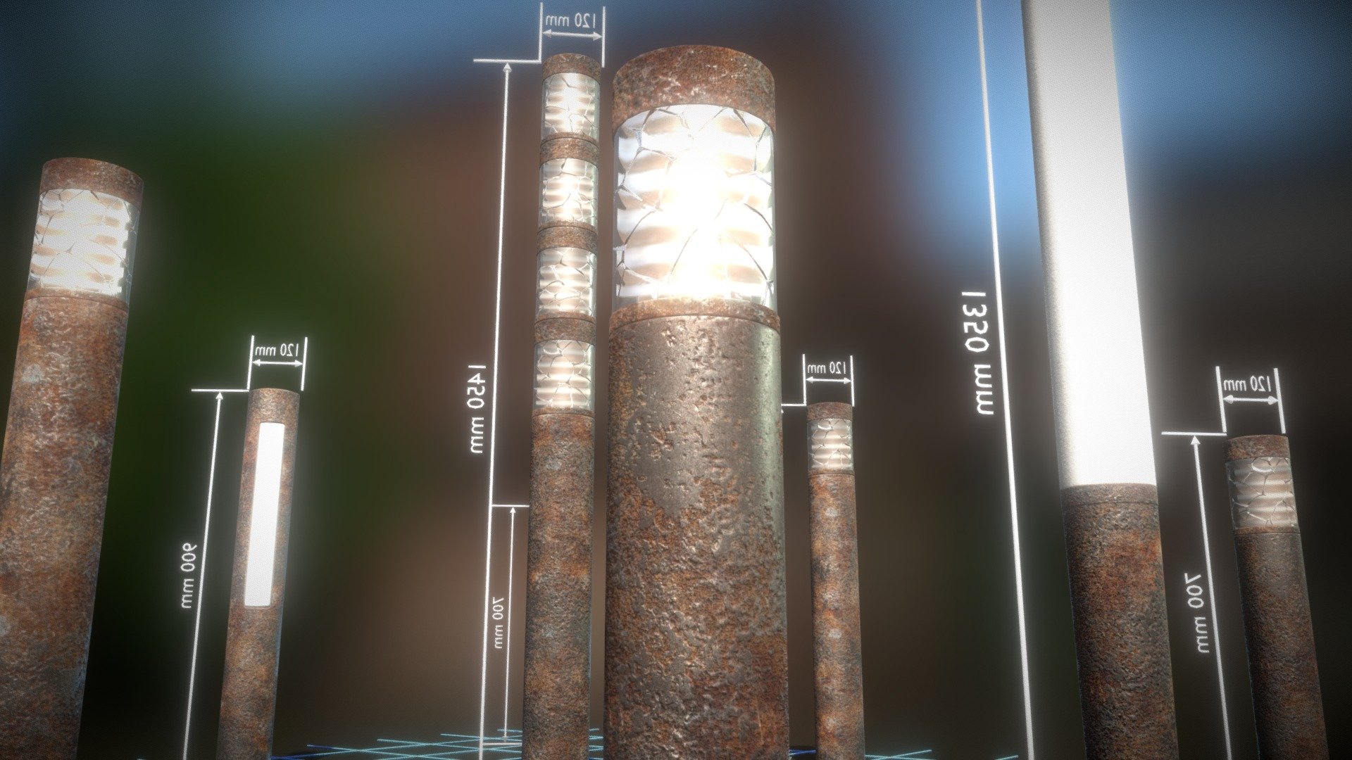 Here is a set of bollard city lights with rusted case.
Parts:




Bollard_Light_Rust_L_2_1350mm 

Polygons = 382






Bollard_Light_Rust_L_1_1100mm 

Polygons = 358






Bollard_Light_Rust_D_1_700mm 

Polygons = 1051






Bollard_Light_Rust_D_2_700mm 

Polygons = 883






Bollard_Light_Rust_D_3_900mm 

Polygons = 883






Bollard_Light_Rust_F_1_700mm 

Polygons = 262






Bollard_Light_Rust_N_1_1450mm 

Polygons = 3226






Bollard_Light_Rust_O_1_900mm 

Polygons = 187






Object rotation and location is 0, scale is 1.000 x 1.000 x 1.000

The center of the object is where it should be, so you can easily place the object on the floor

PBR Textures (4K) : Base Color, Normal, Metalness, Roughness



Last update:
17:31:46  14.04.22






3d modeled and textured by 3DHaupt in Blender-3.0.


 - Bollard Light Type D F L N O Rusted Version - Buy Royalty Free 3D model by VIS-All-3D (@VIS-All) 3d model
