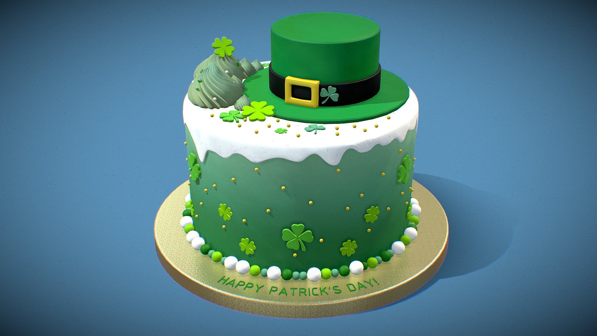 Presenting St. Patrick's Day-inspired 3D cake. The cake's rich layers, adorned with vibrant shades of green, mirror the lush landscapes of Ireland. Atop this delectable creation sits a meticulously crafted leprechaun hat, adding a playful touch to the celebration 3d model