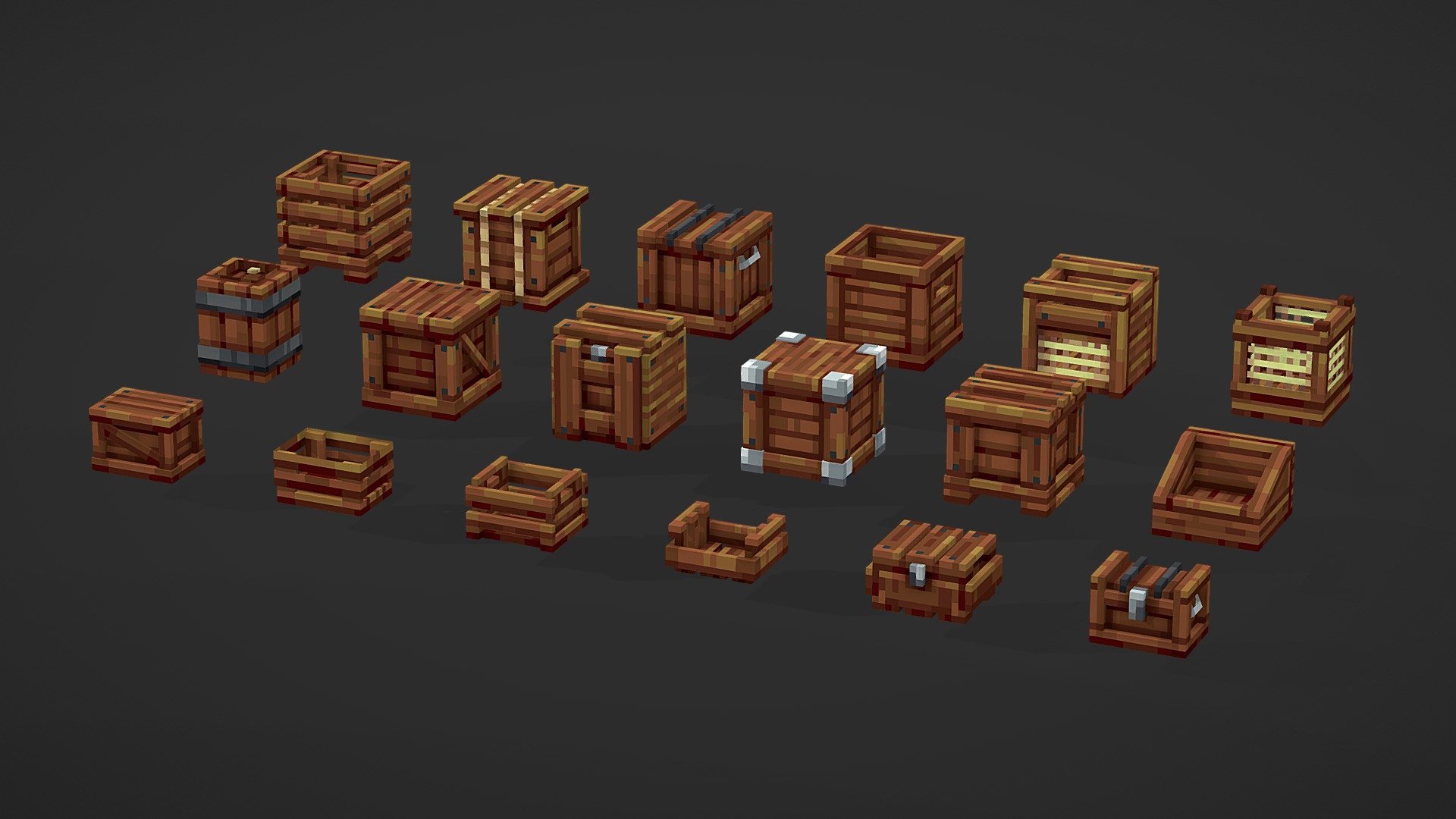 Pack with 18 lowpoly crates &amp; chests. Suitable for Minecraft or any other lowpoly pixel-style project! Easy to add in game using block wizard plugin from Blockbench!

Works with Minecraft Bedrock &amp; Java edition.

.bbmodel source project files also included!

Textures for each model is 64x64 pixels

Press 2 in 3D viewer to view base colors (1 to go back to rendered view) - Chests & Crates - Buy Royalty Free 3D model by Wacky (@wackyblocks) 3d model