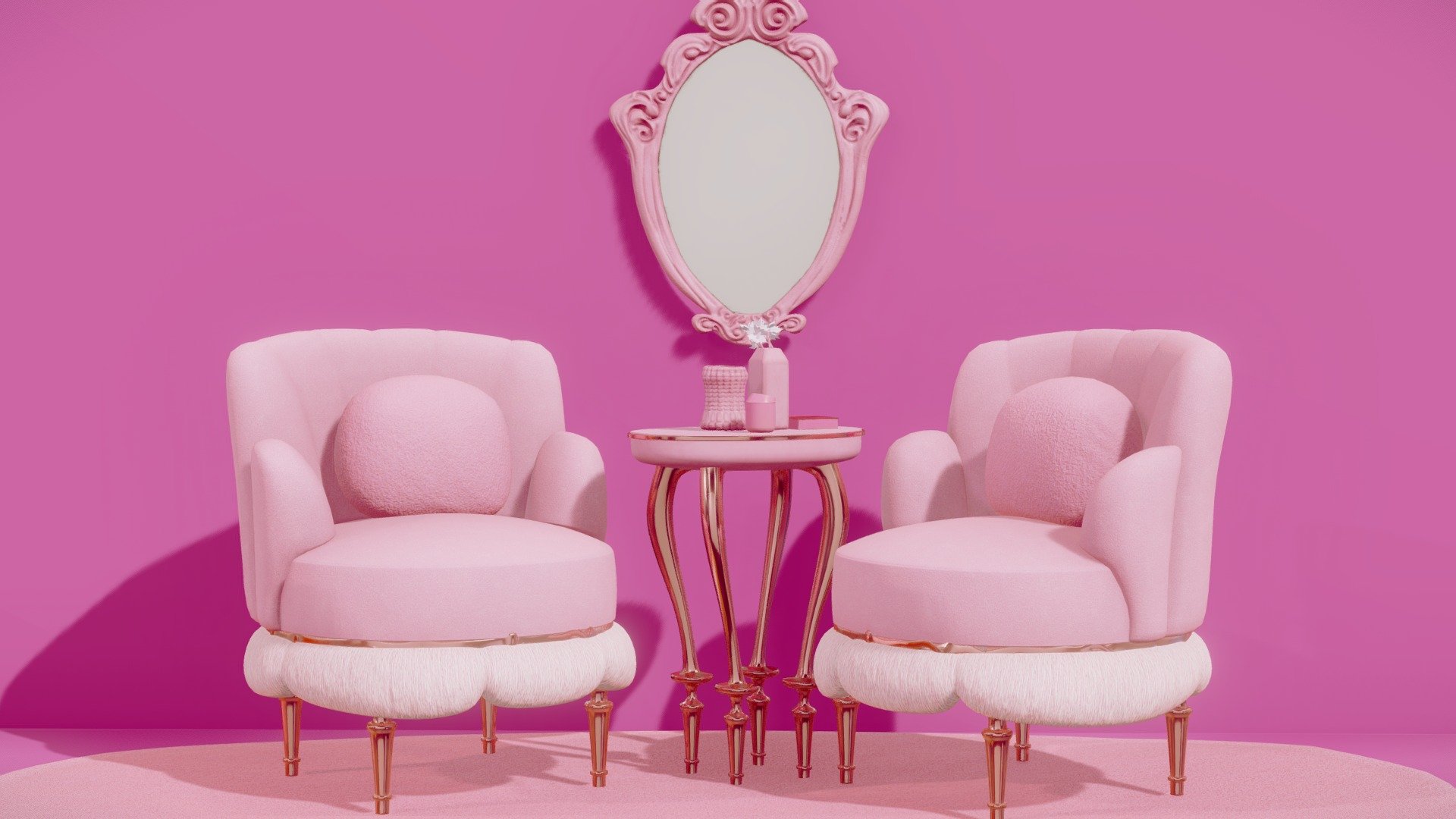 Set of sofa, mirror, rug and side table in bubblegum pink barbiecore style. Modern and elegant design. The sofa in pink velvet is cozy, the wall mirror has relief details. Perfect for a touch of sophistication and color in any space.

My Store
https://sketchfab.com/JoRCS/store

Include additional files of the objects separated in the center and at a scale of centimeters, Obj and Fbx fotmat.
High-quality PBR textures in png format 3d model