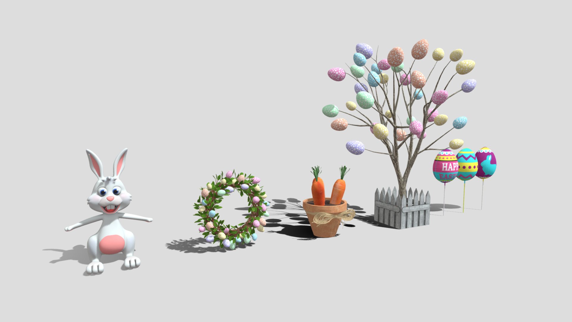 Lowpoly 3d models for easter decorations.

Pack includes (individual assets in links):


Easter rabbit
Easter Door Wreath
Carrot plant
Tree
Easter ballons pack
Cake

Available in OBJ &amp; FBX - Easter decorations pack - Download Free 3D model by assetfactory 3d model