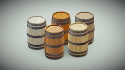 Wooden Barrels With 5 Stylized Wood Textures crate, cute, barrel, textures, historical, cartoonish, harbour, game-asset, low-poly, asset, texture, wood, stylized, containe, wood-texture, harbour-asset